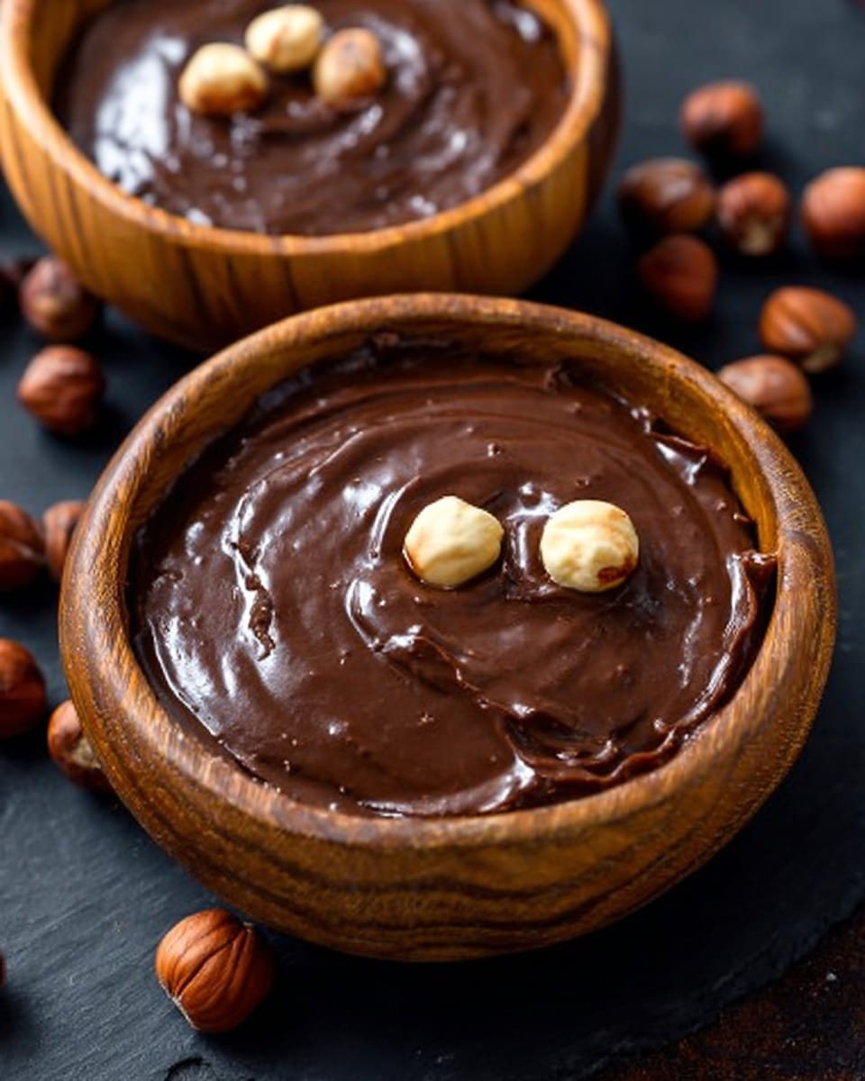 Two wooden bowls filled with smooth, shiny chocolate spread sit on a dark surface with scattered hazelnuts around them. The chocolate spread in the bowls looks thick and creamy, with little swirls on the surface showing its soft texture. Each bowl contains a few whole hazelnuts placed on top of the chocolate, adding a nutty detail. photo taken with an iphone --ar 4:5 --v 7