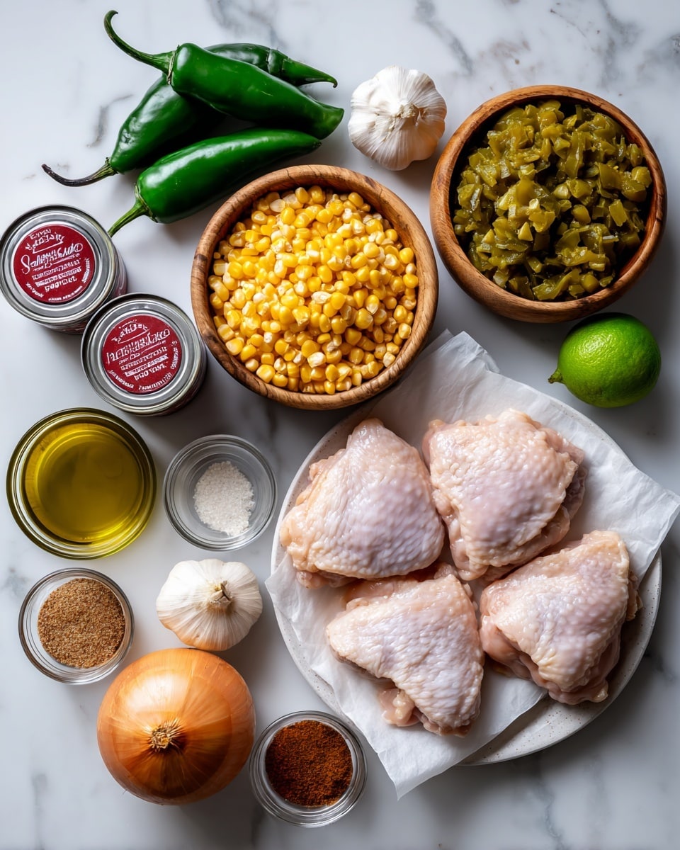 The image shows a white marbled surface with various ingredients neatly arranged. In the center bottom, there are four raw chicken thighs placed on a piece of wax paper on a round white plate. To the left of the chicken, there are two cans of Great Northern Beans stacked slightly overlapping each other. Above the beans, there are three dark green poblano peppers arranged in a group, and next to them are two stacked cans of chopped Hatch green chiles. Above the chicken, there is a small round wooden bowl filled with yellow corn kernels. Left of the corn is a whole orange Vidalia onion and above it a green jalapeño pepper. To the right of the jalapeño is a green lime. Above the lime is a tall bottle of salsa verde. Next to the salsa verde is a white carton of chicken stock. Below these, there is a small white bowl of cumin powder, a small clear container with paprika and dried oregano, and another clear bowl with mixed salt and pepper. There is also a glass with olive oil and a garlic bulb near the top right corner. Everything is laid out clearly with no clutter, on a clean white marbled surface. Photo taken with an iphone --ar 4:5 --v 7
