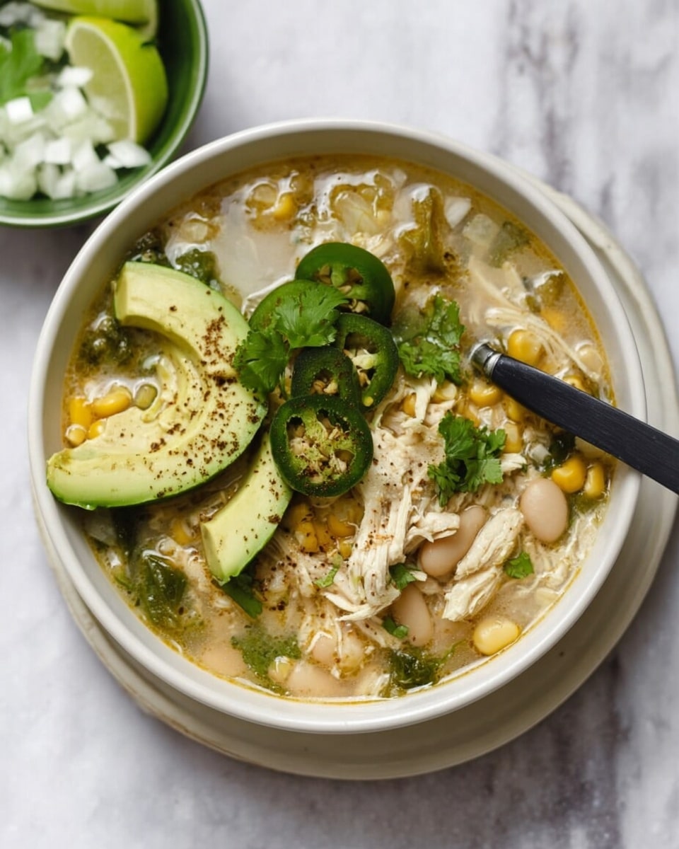 A white bowl filled with a light-colored soup, containing shredded chicken, white beans, corn kernels, and green chiles. Two avocado slices, sprinkled with black pepper, sit on top along with a few dark green jalapeno slices and a wedge of lime. Fresh cilantro leaves are scattered inside the soup and around the bowl. A black spoon rests inside the bowl on the right side. The bowl is placed on a white plate, all on a white marbled surface, with a small green bowl of chopped white onions and lime wedges nearby. Photo taken with an iphone --ar 4:5 --v 7
