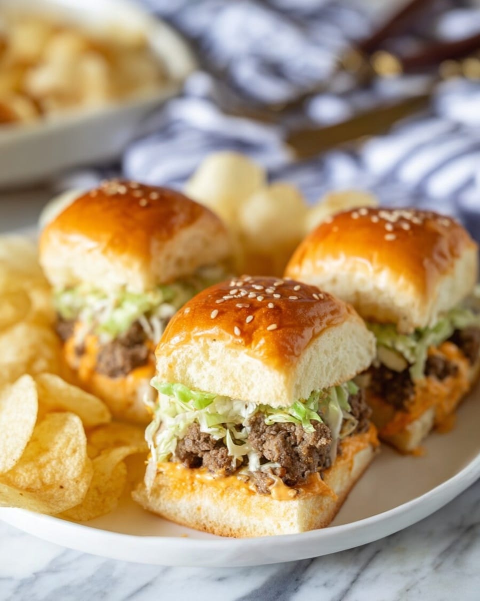 The image shows three small sandwiches on a white plate, each with a shiny, golden-brown sesame seed top bun. Each sandwich has three layers: a soft top bun, a middle layer of shredded light green lettuce mixed with pieces of cooked ground meat that is brown and slightly textured, and a bottom layer of creamy orange spread. The sandwiches are placed closely together, surrounded by light yellow potato chips on a white marbled surface. The background reveals blurred kitchen tools and a striped cloth. Photo taken with an iphone --ar 4:5 --v 7