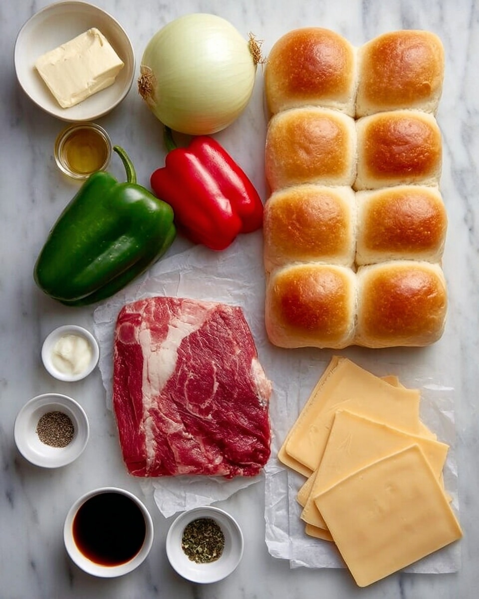 The image shows a white marbled surface with neatly arranged ingredients for a sandwich. On the upper right, there are twelve soft golden brown dinner rolls in a 4 by 3 grid. Below the rolls, there are three slices of pale yellow cheese stacked evenly, and next to that, more slices of cheese stacked in a smaller pile. To the left, a thick piece of raw red meat with white marbling rests on a small piece of parchment paper. Above the meat, there is a large round yellow onion, and next to it, a green bell pepper and a red bell pepper are placed side by side. At the top left corner, there is a small white bowl holding a block of butter. Along the bottom and middle left side, there are small white dishes holding black and white pepper, a dark liquid, and a light creamy sauce. The overall layout is clean and organized, photographed with even lighting. photo taken with an iphone --ar 4:5 --v 7