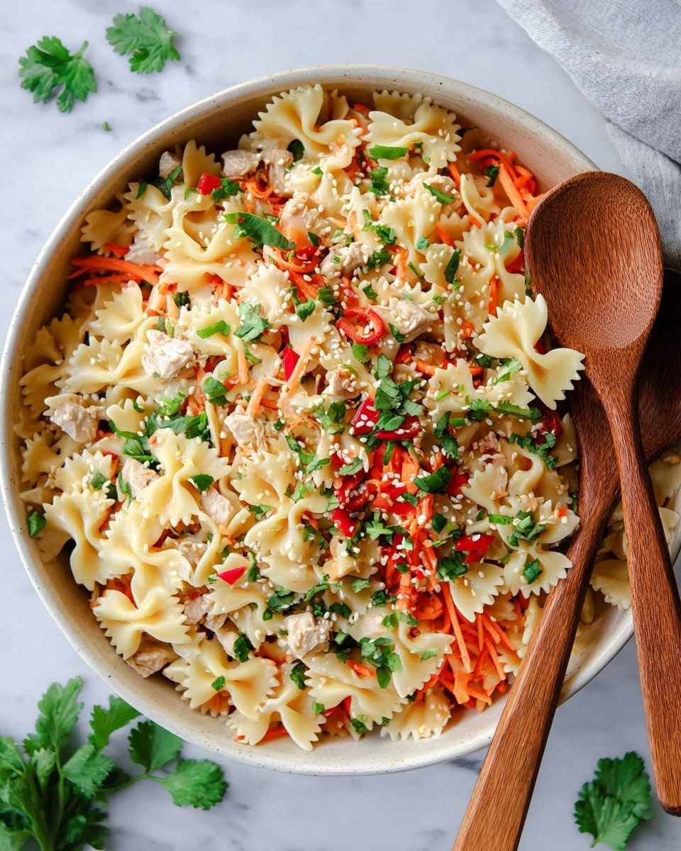 A large white bowl filled with a colorful pasta salad showing three main layers: the bottom layer has light yellow bow-tie pasta with a smooth texture, scattered evenly throughout; the middle layer features small pieces of diced white meat and thin orange carrot strips adding texture and contrast; the top layer is dotted with bright green cilantro leaves and small bits of red bell pepper, sprinkled with sesame seeds for extra detail. Two wooden salad spoons rest on the right side of the bowl. The scene is set on a white marbled surface with some loose cilantro leaves around the bowl. Photo taken with an iphone --ar 4:5 --v 7