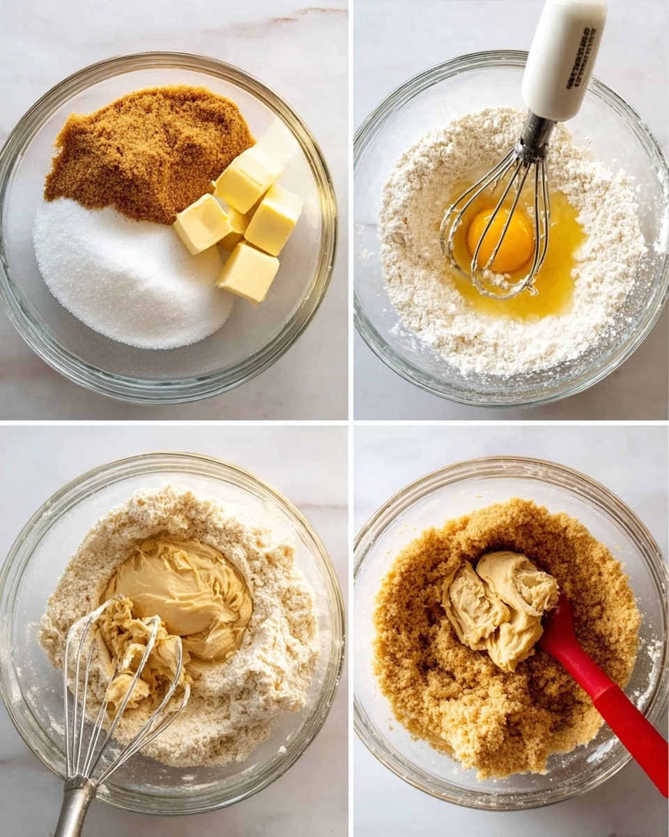 The image shows four clear glass mixing bowls on a white marbled surface, each with different baking ingredients and stages of mixing. The top-left bowl holds three layers of ingredients: a brown sugar layer, a white sugar layer, and two small blocks of yellow butter on top. The top-right bowl shows a partially mixed dough with a cracked yellow egg in the center and a white electric mixer with metal beaters inside the bowl. The bottom-left bowl contains a thicker dough mixture with a large layer of white flour on top, with the mixer beaters still inside. The bottom-right bowl has a beige dough being folded with a red spatula under a large layer of light brown crumbly topping. Photo taken with an iphone --ar 4:5 --v 7