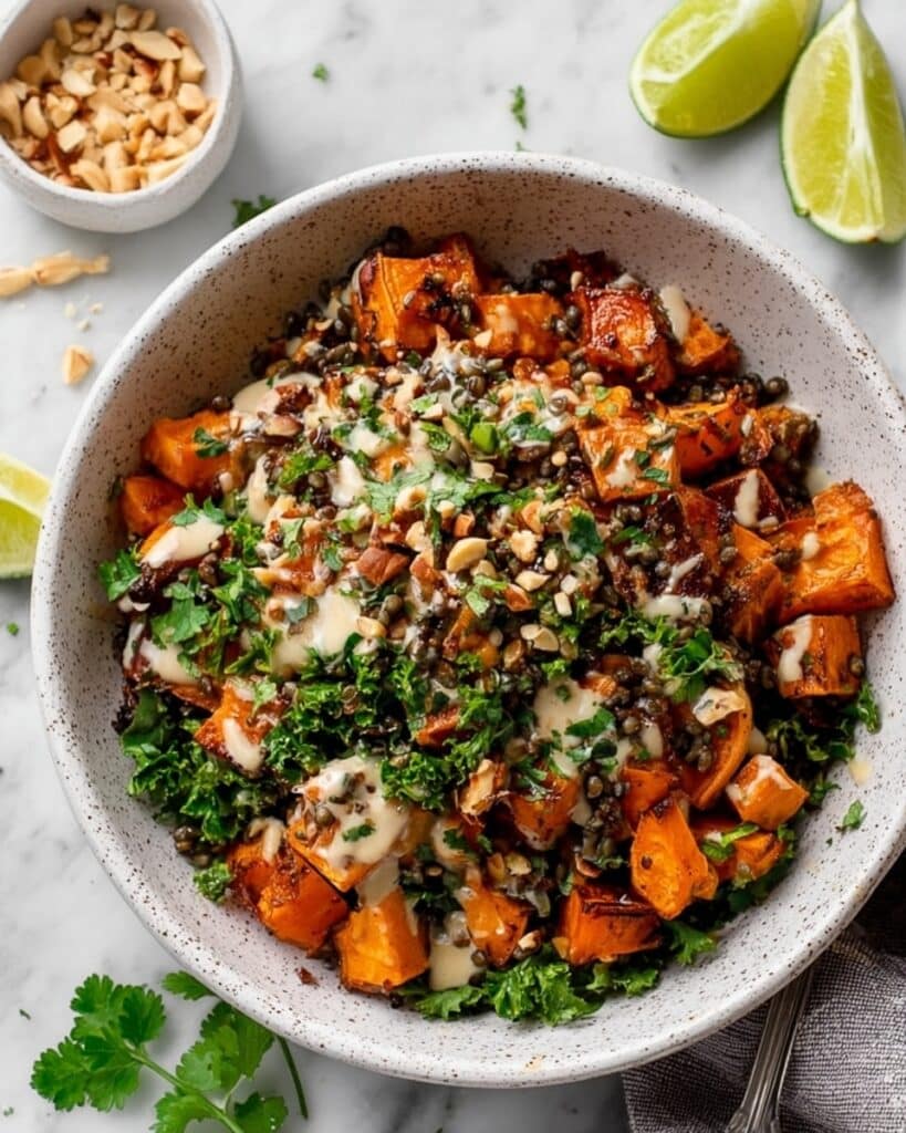 Roasted Sweet Potato and Lentil Salad with Garlic Tahini Dressing Recipe