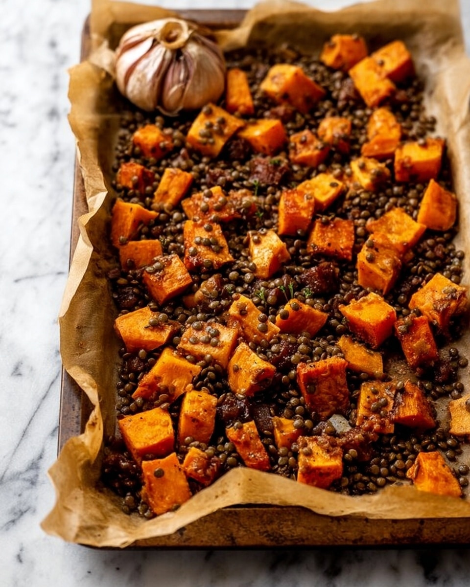 The image shows a baking tray lined with brown parchment paper filled with roasted cubed sweet potatoes and lentils. The sweet potatoes are orange with slightly dark edges and scattered evenly throughout the tray, mixed in with small, dark greenish-brown lentils. In the top left corner, there is a roasted garlic bulb sitting on the parchment paper. The tray rests on a white marbled surface. The lighting highlights the textures of the roasted vegetables and lentils, making them look hearty and fresh. photo taken with an iphone --ar 4:5 --v 7