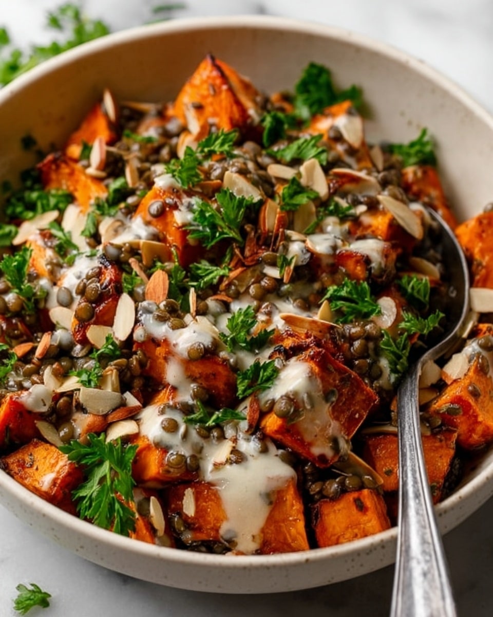 The image shows a white bowl filled with a colorful dish made of cubed roasted orange sweet potatoes layered with green lentils and fresh parsley leaves. A creamy white sauce is drizzled on top, adding a smooth texture that contrasts with the rough surfaces of almonds scattered throughout. A silver spoon rests inside the bowl, touching the mixture. The bowl is placed on a white marbled surface. photo taken with an iphone --ar 4:5 --v 7