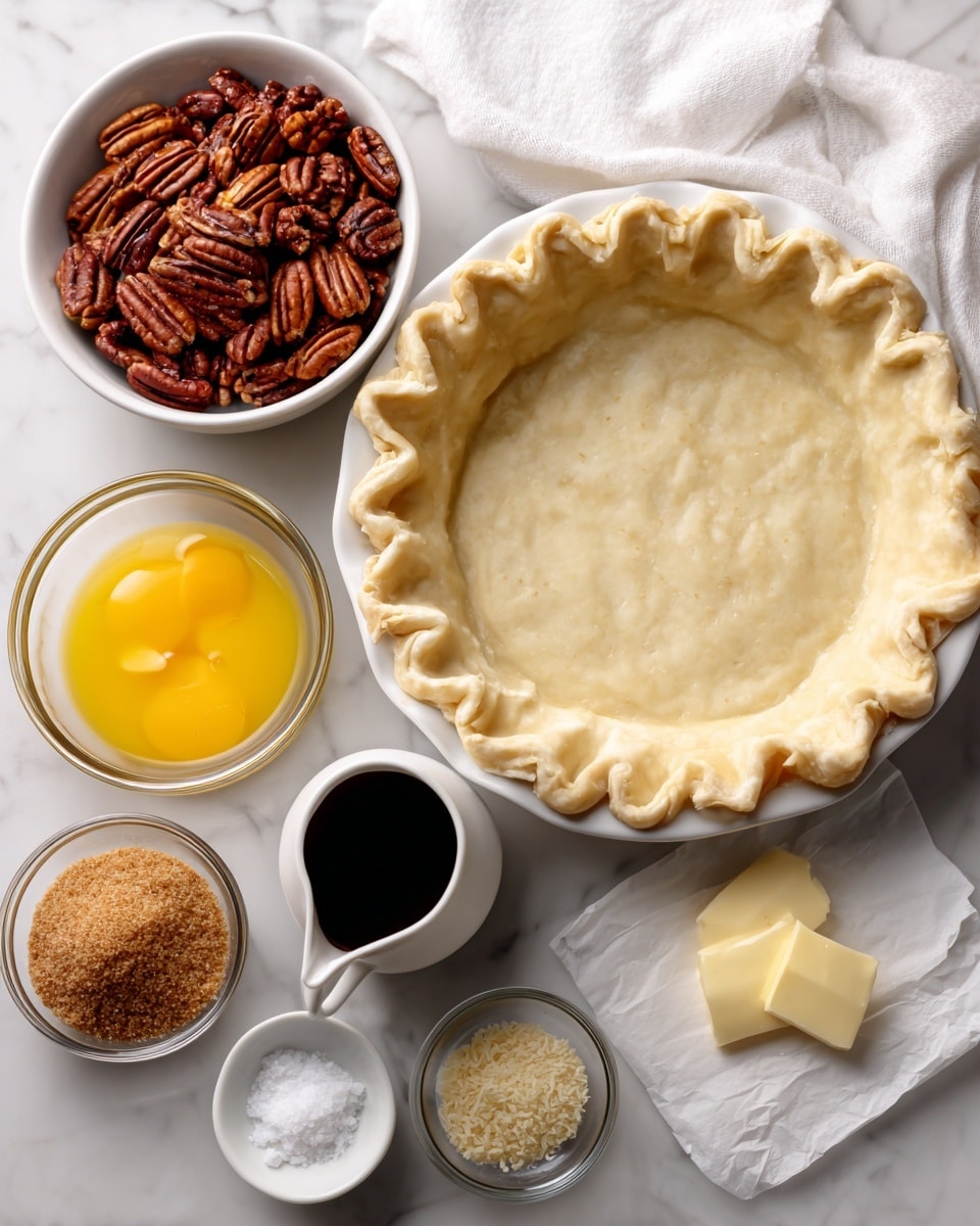 A top view shows seven ingredients arranged on a white marbled surface with a white cloth at the top left corner. On the top right is a white pie dish with an unbaked pale beige pie crust with crimped edges. To the left of it is a white bowl full of brown pecans. Below the pecans is a clear round glass cup filled with yellow beaten eggs. In the center is a small white pitcher filled with dark maple syrup. To the right of that is a small white bowl with light brown coconut sugar. Below the sugar is a small clear glass bowl with dark vanilla extract. At the bottom right corner is a piece of white parchment with two small yellow pats of butter, vegan butter or coconut oil placed on it. A small clear bowl with salt is near the bottom left. Everything is set on a clean white marbled surface photo taken with an iphone --ar 4:5 --v 7