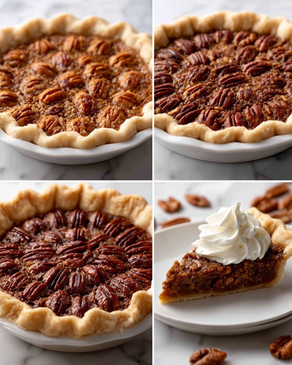 The first image shows an unbaked pie with a smooth light brown filling poured into a white pie crust, topped with whole pecans arranged in a circular pattern over the surface. The second image displays the same pie after baking, where the filling has puffed up and turned a darker golden brown, with the pecans still arranged in neat circles on top. The third image shows the pie after cooling and chilling; the filling has deflated and looks firmer with a glossy, deep brown color, and the pecans remain neatly aligned on the pie’s surface. The fourth image is a close-up of a single slice of pie on a white plate, revealing a dense, rich, dark brown filling with a flaky white crust underneath, topped with a swirl of white whipped cream, set against a white marbled background with some pecans scattered nearby. photo taken with an iphone --ar 4:5 --v 7