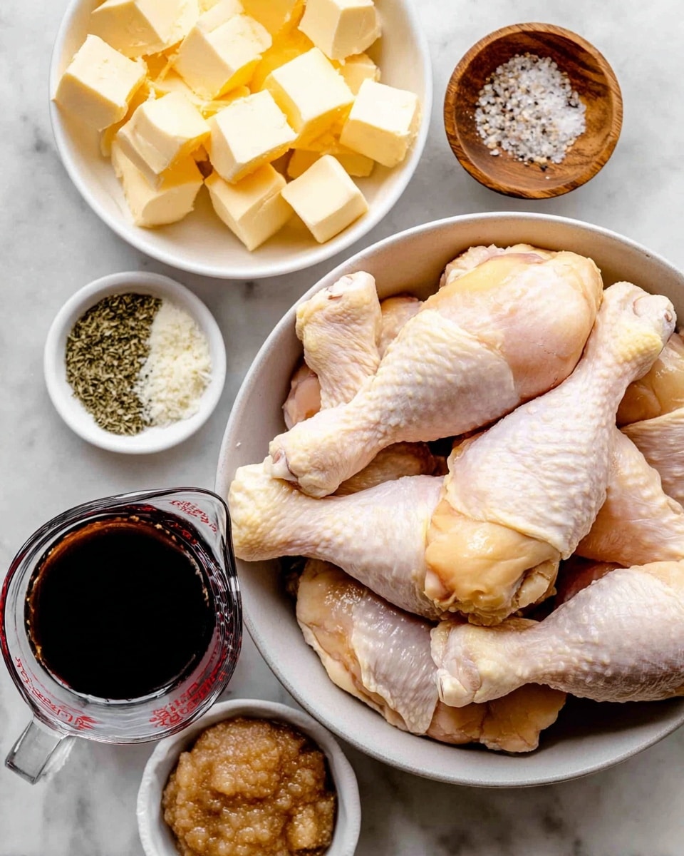 A large white bowl filled with about ten raw chicken drumsticks stacked loosely, showing pale skin with some pinkish areas and yellow tips; to the top left, there is a white bowl with many cubes of light yellow butter; next to it is a small wooden bowl with a mix of coarse salt and pepper; below the butter, a clear measuring cup holds a dark brown liquid; underneath, a small white bowl contains a chunky brown paste; there are two more small white bowls nearby, one with green and white dried herbs and another with minced garlic, all placed on a white marbled surface photo taken with an iphone --ar 4:5 --v 7