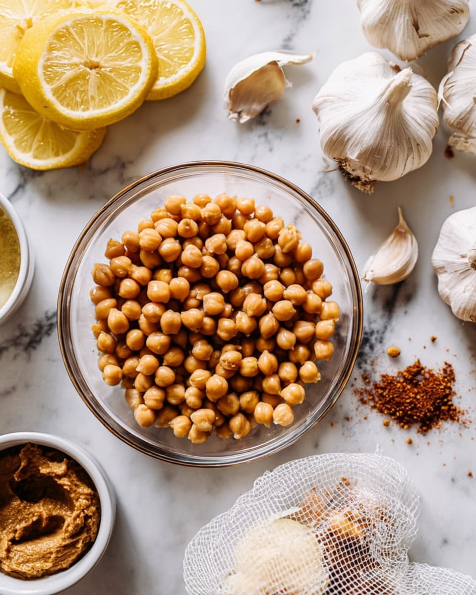 The image shows a clear glass bowl filled with light brown chickpeas in the center on a white marbled surface. Around the bowl, there are garlic cloves and whole garlic bulbs in a white mesh bag on the right side. At the top left corner, there are lemon slices with a bright yellow color. To the left of the bowl, a white bowl contains a brown paste, possibly tahini. Small pieces of crushed spices are scattered near a small white bowl on the top right. The colors are natural and warm with a clean and fresh look, photo taken with an iphone --ar 4:5 --v 7