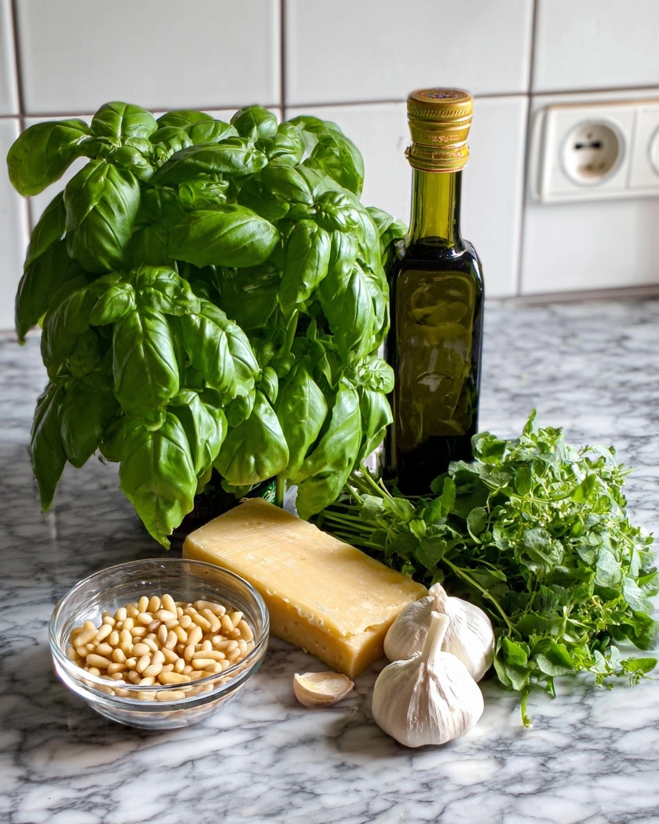 The image shows fresh ingredients for making pesto sauce arranged on a white marbled surface. On the left side, a large bunch of bright green basil leaves with smooth texture and firm stems stands out. Next to it, there is a clear glass bowl filled with pale yellow pine nuts. In the middle, a block of light yellow Parmesan cheese lies horizontally with two light beige garlic cloves placed in front of it. Behind the cheese, a dark green bottle of olive oil with a gold cap is standing upright. On the right side, a bunch of fresh green leafy herbs with textured leaves and visible stems is placed. The background features white tiled walls with a power outlet visible. Photo taken with an iphone --ar 4:5 --v 7