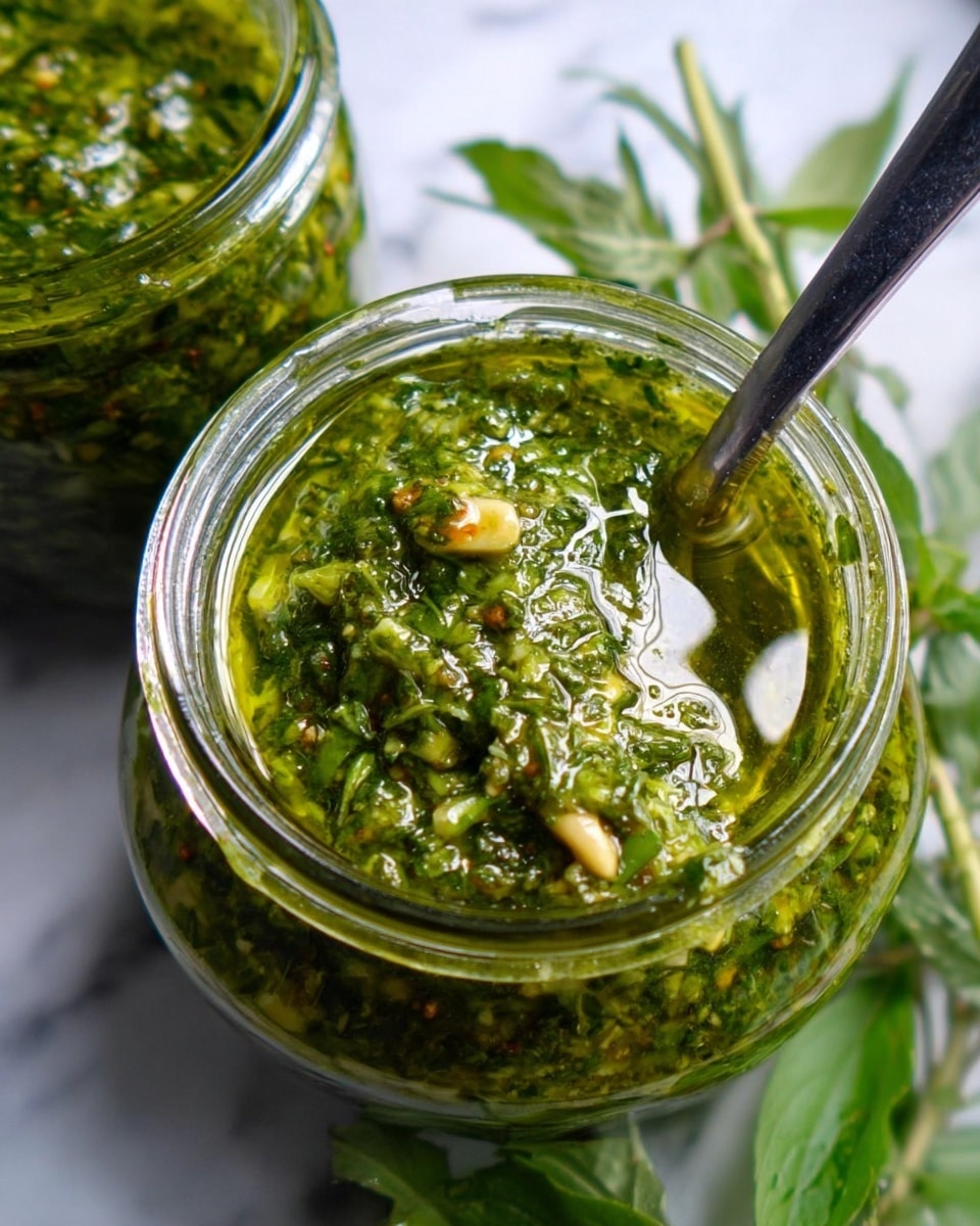 The image shows two clear glass jars filled with a thick green sauce that has a chunky texture with visible pieces of herbs and nuts. The sauce has a shiny light green oil layer on top, giving it a glossy look. One jar is opened with a metal spoon resting inside, partially covered with the sauce. Fresh green herb leaves are placed next to the jars on a white marbled surface. The overall look is fresh and vibrant with a mix of dark and light green colors in the sauce. photo taken with an iphone --ar 4:5 --v 7