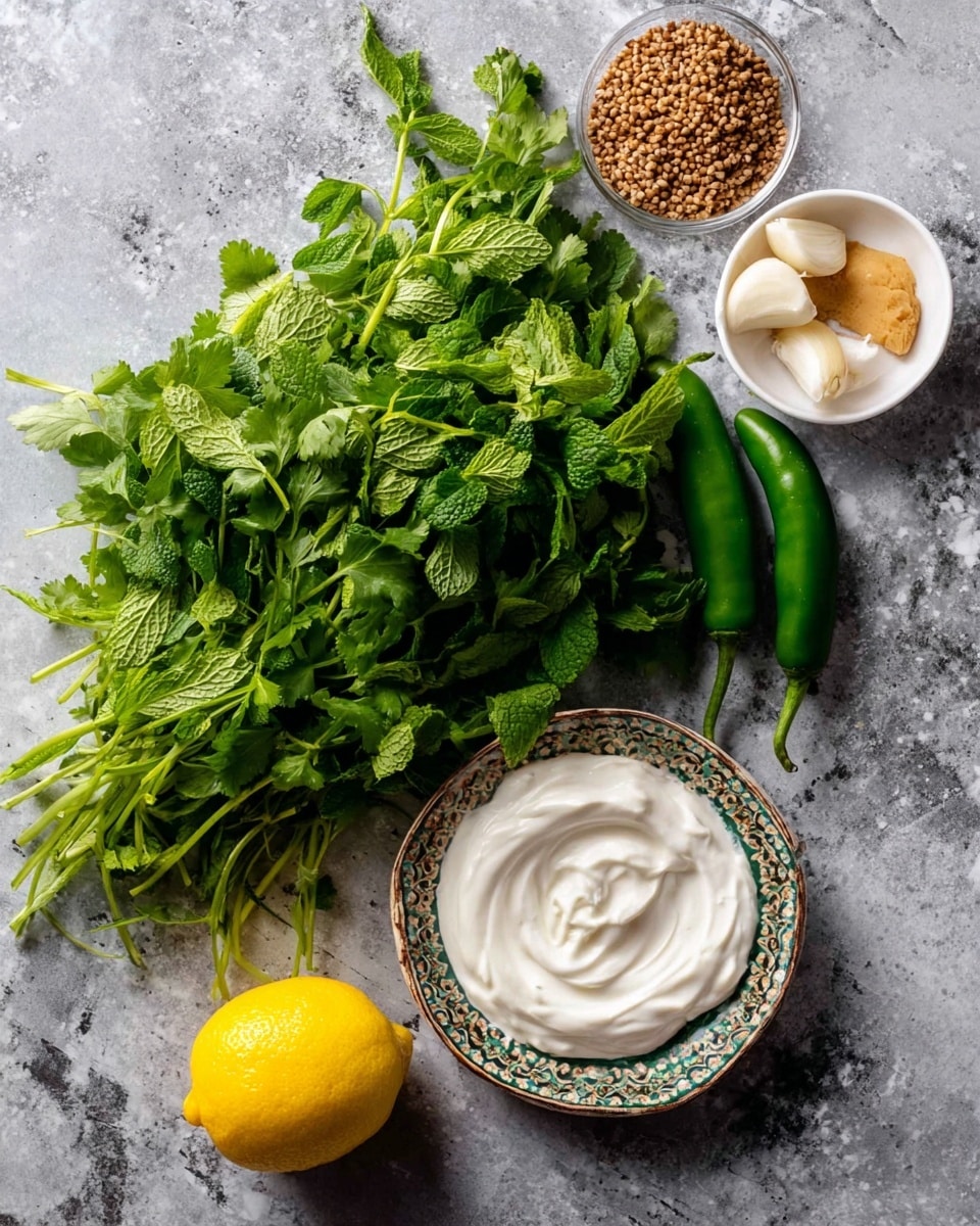 A bunch of fresh green herbs, including cilantro and mint, lay spread out on a white marbled surface. Near the herbs are two green chili peppers placed side by side. Above the herbs, a small white bowl holds three peeled garlic cloves and a dollop of light tan paste. To the right of the herbs, a white bowl with a decorative edge contains a thick swirl of white yogurt. At the bottom, a bright yellow lemon rests next to a tiny white dish filled with brown cumin seeds. The overall scene is simple, colorful, and fresh, with all elements arranged naturally on the white marbled texture photo taken with an iphone --ar 4:5 --v 7