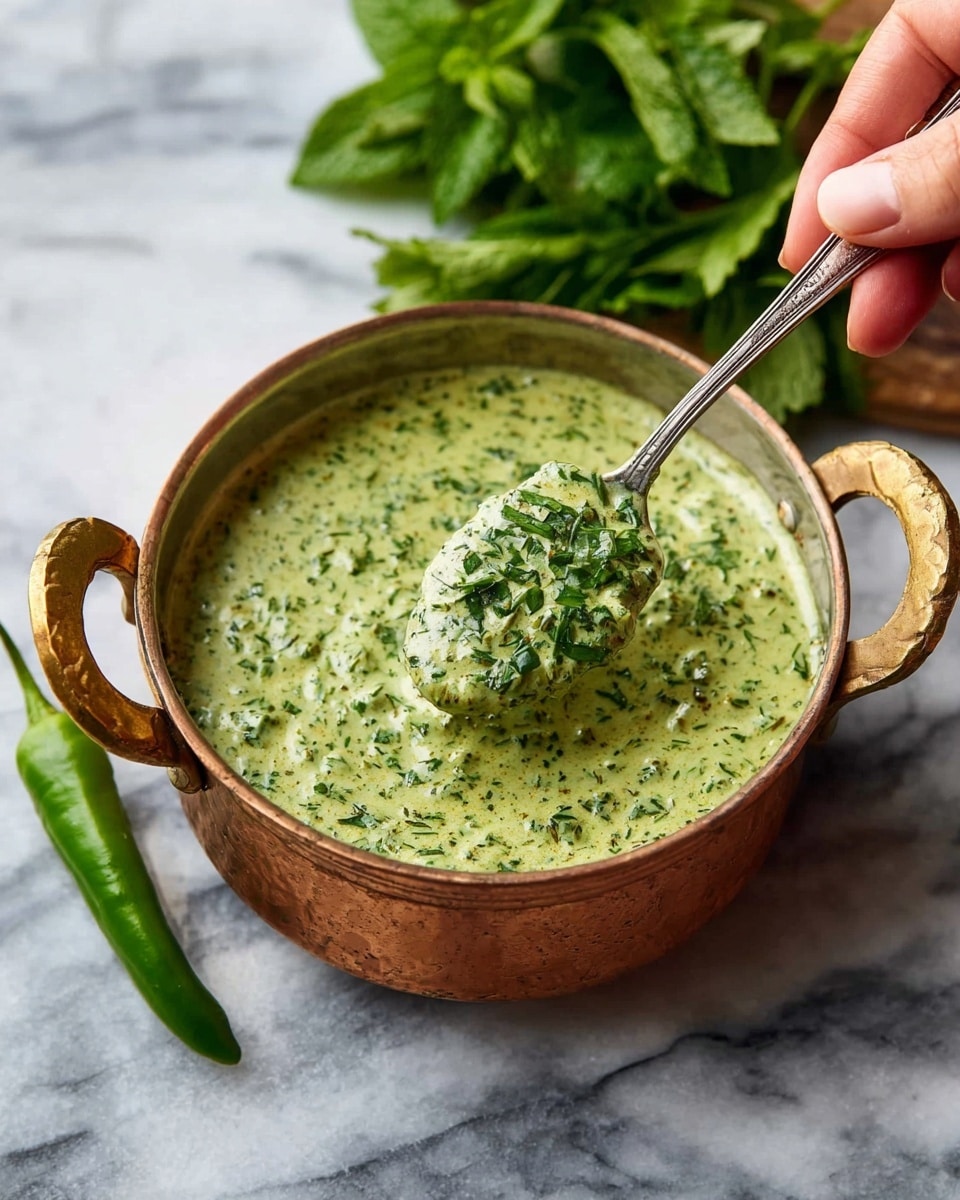 A small copper pot with two brass handles is filled with creamy green sauce that has a thick and slightly chunky texture, speckled evenly with herbs. A woman’s hand holds a silver spoon above the pot, lifting a dollop of the sauce. The pot rests on a white marbled surface with a bright green chili pepper and some leafy herbs placed nearby for garnish. Photo taken with an iphone --ar 4:5 --v 7