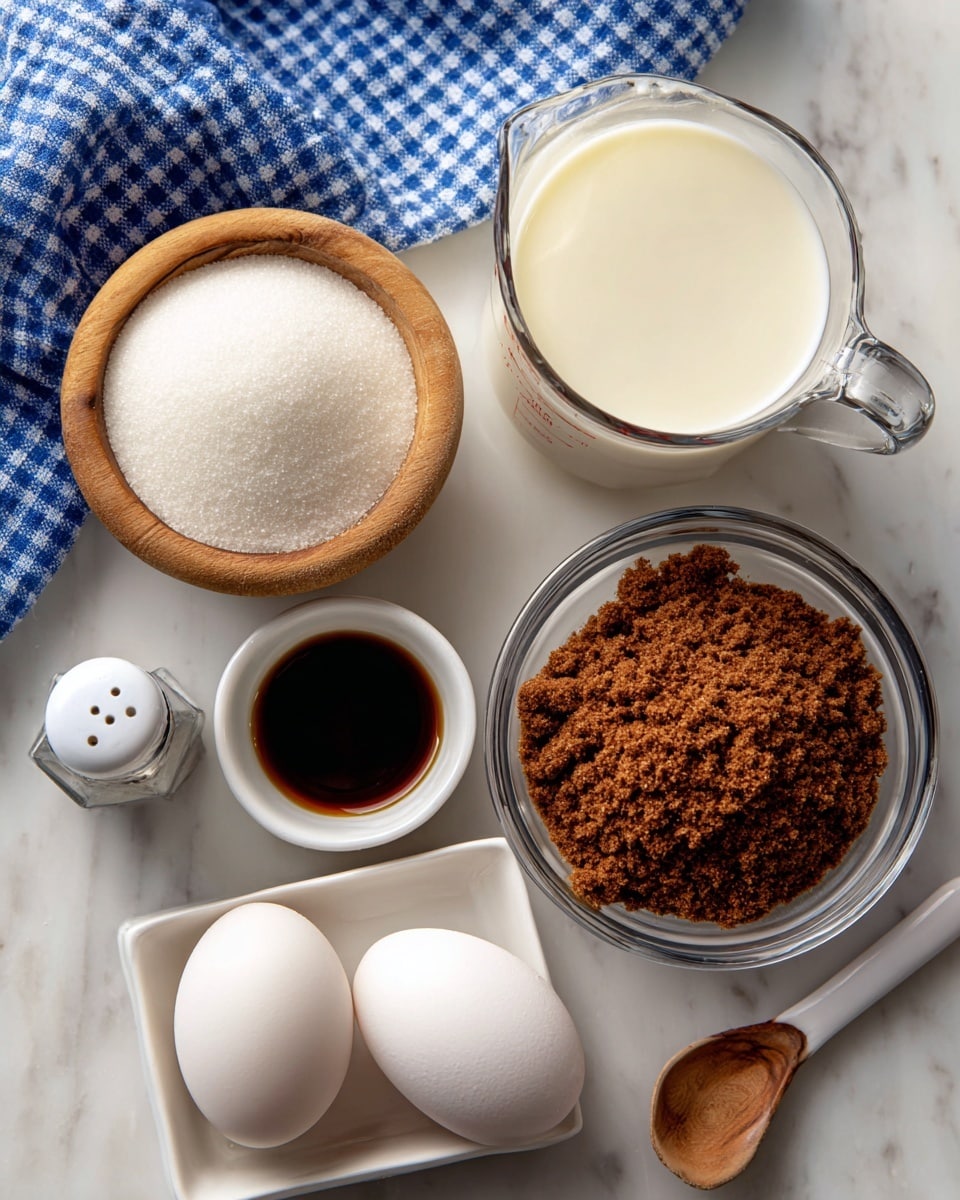 The image shows a white marbled surface with ingredients neatly arranged and labeled. At the top right, there is a clear glass measuring cup filled with white milk. Below it, slightly to the left, is a small white wooden bowl filled with white sugar. To the right of the sugar bowl is a clear glass bowl with light brown ground nutmeg powder. On the lower left side, there is a white square dish holding two white eggs. Above the eggs, a small white spoon contains dark vanilla extract. To the left of vanilla, a small white salt shaker is placed. A blue and white checkered cloth is partially visible at the top left corner of the image. Photo taken with an iphone --ar 4:5 --v 7