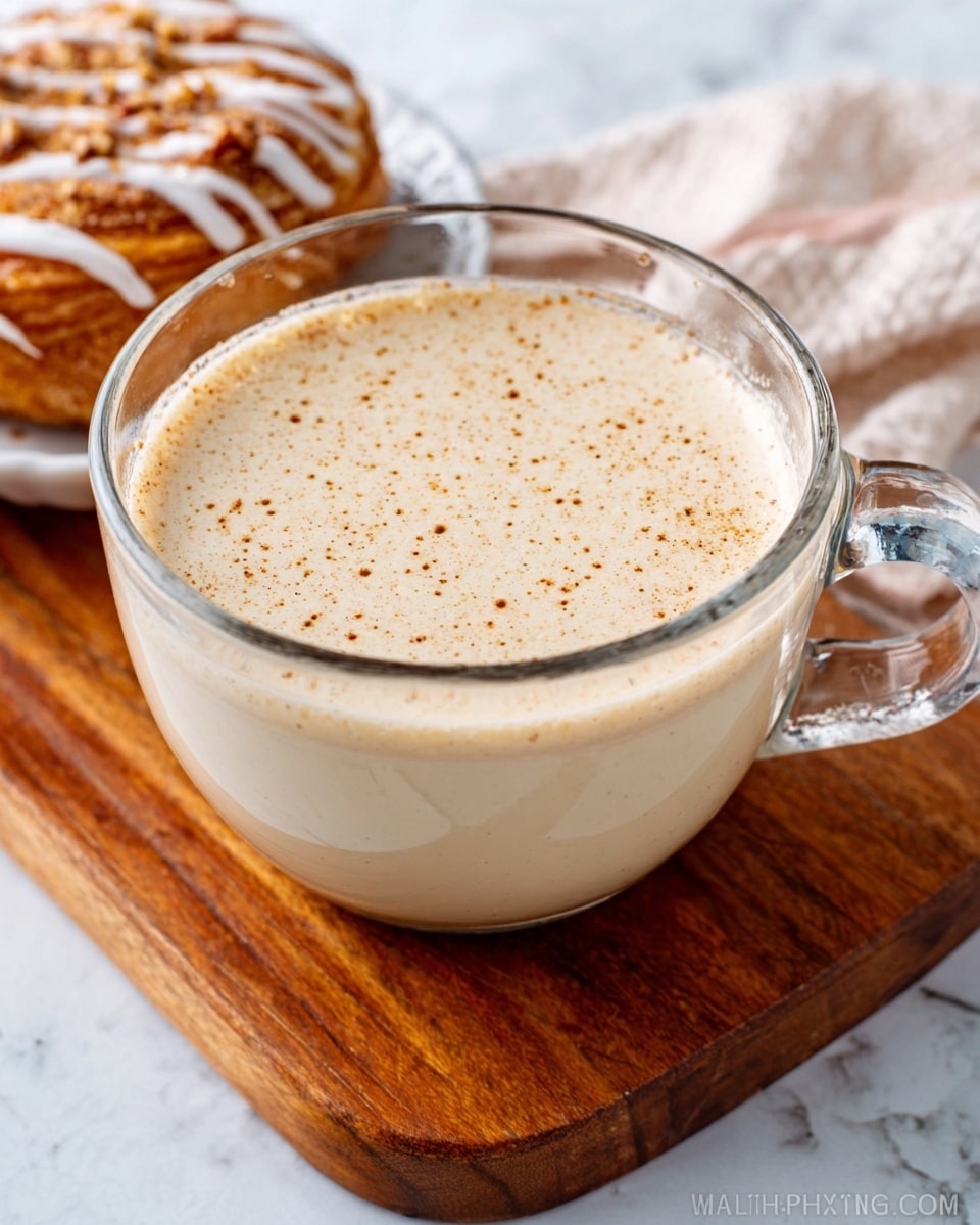 A clear glass cup filled with a creamy light beige drink, topped with tiny brown specks, placed on a wooden board. Next to the cup, there is a pastry with white icing drizzled on top. The setup is on a white marbled surface. photo taken with an iphone --ar 4:5 --v 7