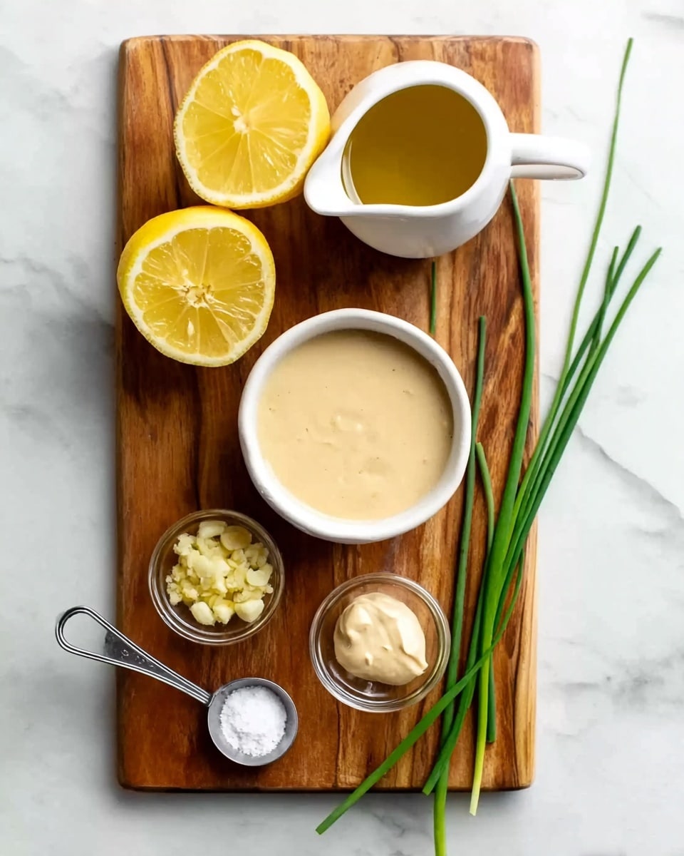A wooden cutting board sits on a white marbled surface. On the board are two halves of a bright yellow lemon, placed on opposite sides, one at the bottom left and one near the top right. A small white pitcher filled with golden olive oil is positioned near the top left. Below the pitcher is a white bowl filled with a creamy beige sauce. To the right of the bowl, there is a clear small dish holding a light-colored mayonnaise dollop. Below the mayonnaise is a small white bowl containing finely minced garlic. A metal measuring spoon with a small amount of white powder rests on the board near the bowl of garlic. Several green chive stems are scattered around the board connecting the lemon and the pitcher visually. Photo taken with an iphone --ar 4:5 --v 7