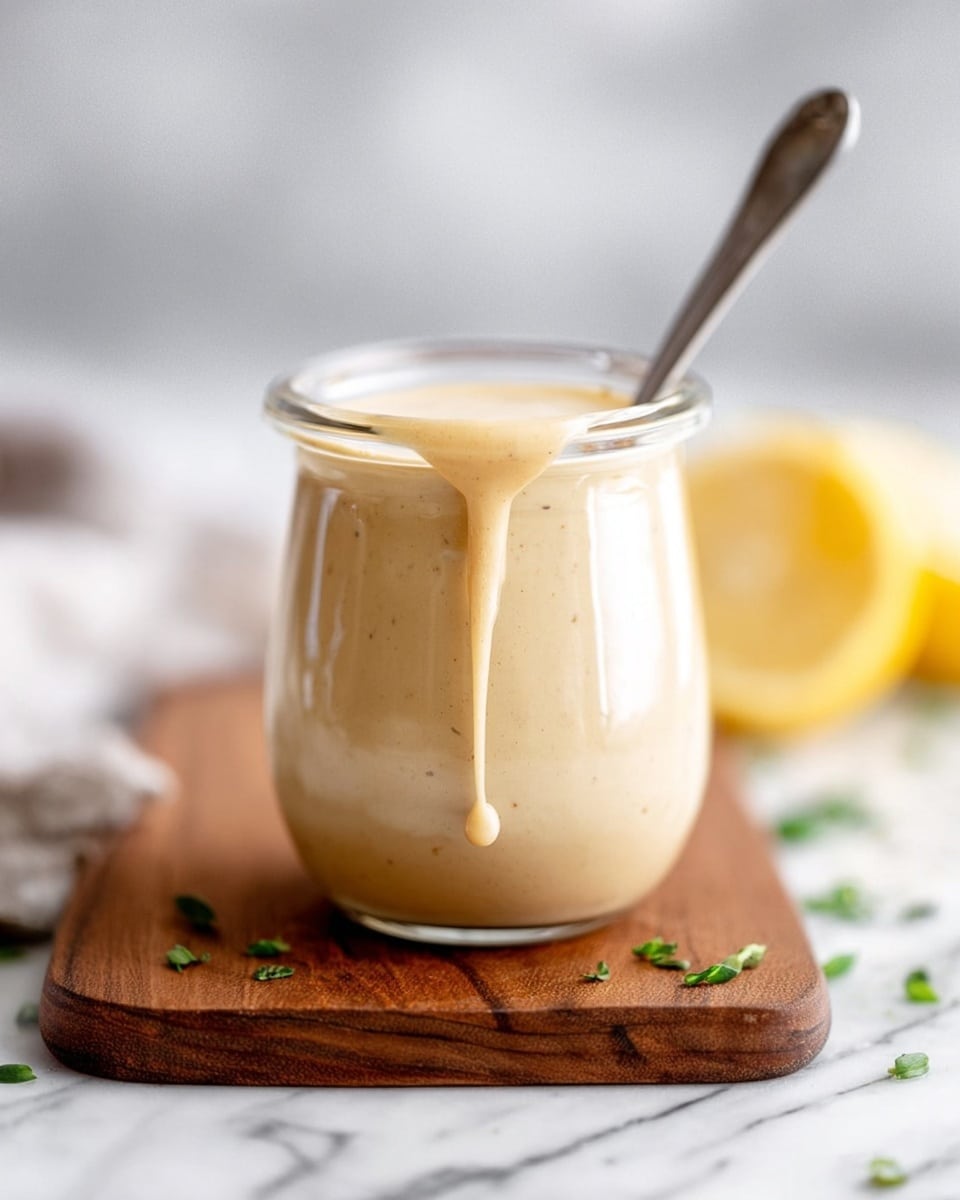 A small glass jar filled with thick, creamy light beige sauce sits on a white marbled surface. The sauce has a smooth texture with a few small specks visible inside. On top, a few small pieces of fresh green chives and sesame seeds are scattered. A vintage silver spoon stands inside the jar, its ornate handle leaning out. To the side and slightly out of focus, there is half of a bright yellow lemon. Photo taken with an iphone --ar 4:5 --v 7