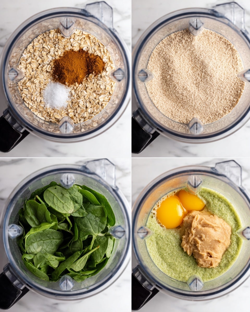 The image shows four steps of making a smoothie in a blender, viewed from above on a white marbled surface. In the first step, there are rolled oats along with some brown cinnamon powder, white salt, and a small white ingredient all on top of the oats inside the blender. The second step shows the oats blended into a fine, light beige powder, evenly spread inside the blender. The third step has fresh green spinach leaves on one side, two raw beaten eggs with bright yellow yolks next to them, and a scoop of pale peanut butter on the other side inside the blender. The fourth step shows half of the blender filled with the beige oat powder and the other half filled with a light green liquid from blending the spinach, with a clear division between the two layers. photo taken with an iphone --ar 4:5 --v 7