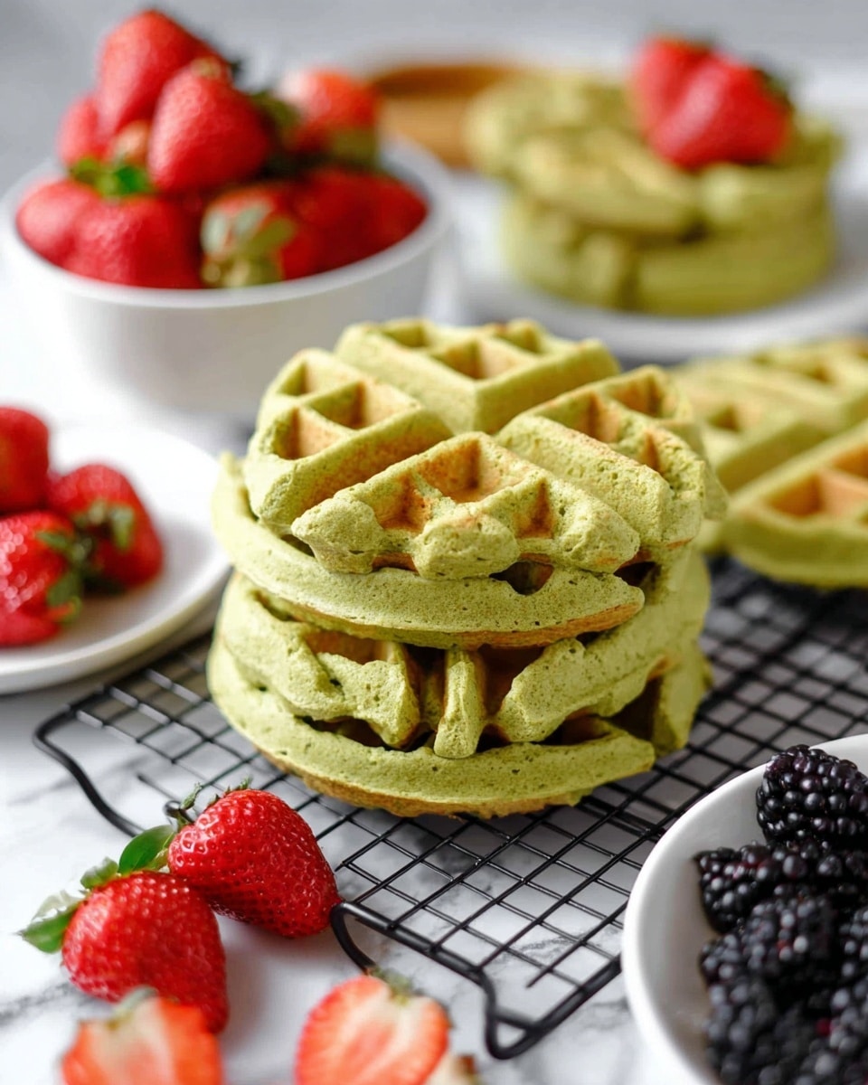The image shows a stack of four green waffles placed on a black wire rack over a white marbled surface, with each waffle layer textured with a classic grid pattern. Next to the stack, there are whole and halved red strawberries, and in the background, a white bowl filled with bright red strawberries and green leaves is visible. On the right side, a white bowl holds shiny blackberries. A white plate with more green waffles appears in the bottom right corner. The colors in the image are bright and fresh, and the focus is on the green waffles with the berries adding vibrant contrast. Photo taken with an iphone --ar 4:5 --v 7