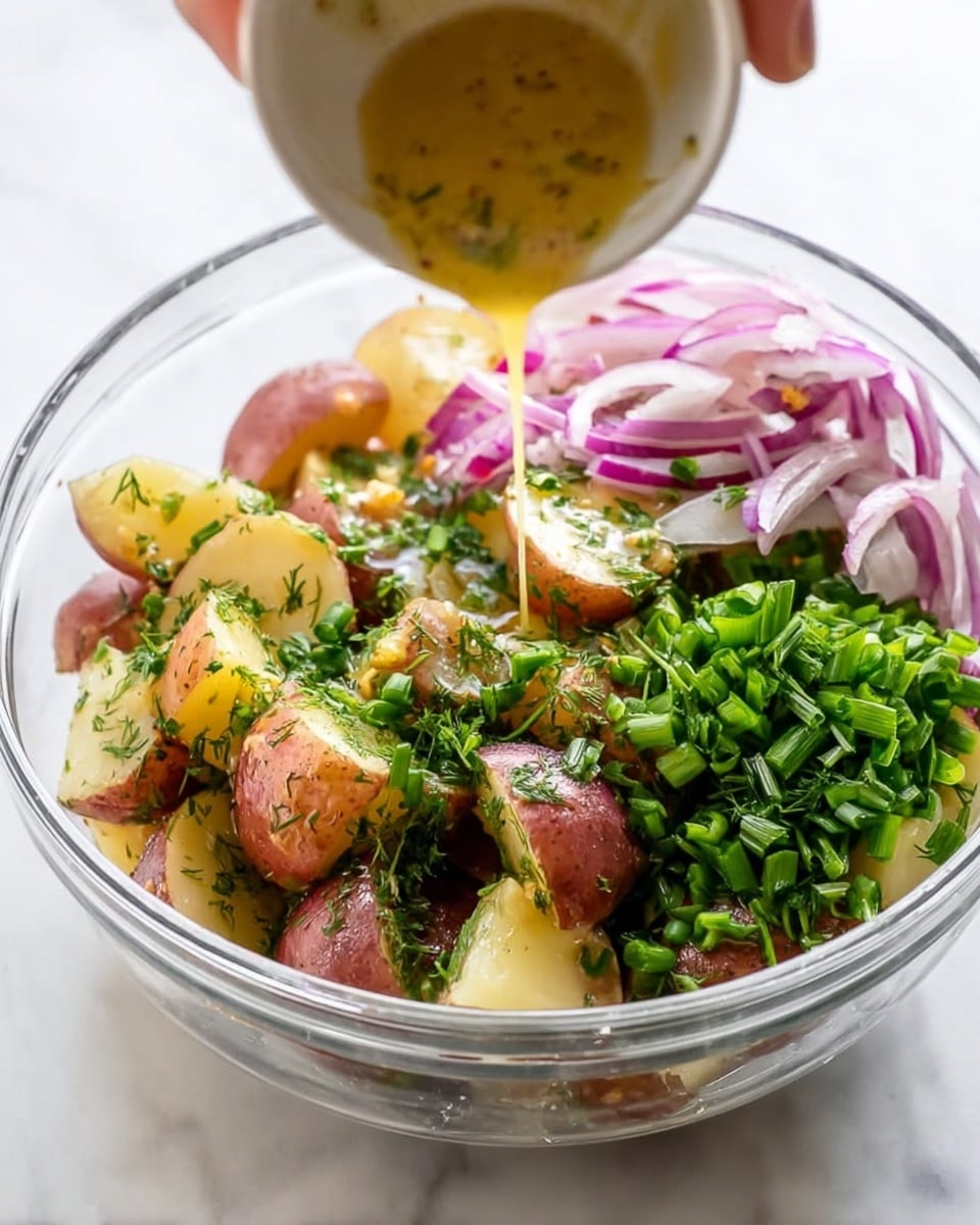 A clear bowl holds a mix of potato chunks with red skin and pale yellow centers, scattered with bright green herbs and chopped green onions on the right side. Thin slices of red onion with a translucent pinkish purple color sit on the top left inside the bowl. A woman's hand is pouring a golden yellow dressing over the ingredients, with the dressing visibly dripping onto the vegetables. The bowl is placed on a white marbled surface. photo taken with an iphone --ar 4:5 --v 7