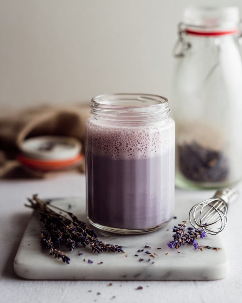 A clear glass jar filled with a two-layer drink sits on a white marbled surface. The bottom layer is a smooth light purple liquid, topped with a frothy, bubbly layer of a slightly lighter purple. Around the jar, there are small sprigs of dried lavender with dark purple buds scattered on the surface. A small metal whisk with a round coil tip rests in front of the jar on the marbled surface. In the background, a clear bottle with a red sealing clip and a glass jar are out of focus. photo taken with an iphone --ar 4:5 --v 7