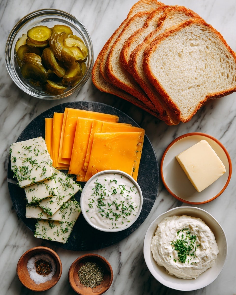The image shows ingredients for a sandwich arranged neatly on a white marbled surface. On the top right, there are three slices of sourdough bread stacked with a light golden crust and soft white center. To the left of the bread is a small glass bowl filled with bright green, round sliced dill pickles. Below the pickles is a round dark marble board holding slices of two types of cheese: four smooth, shiny slices of bright orange cheddar cheese stacked slightly overlapping and several slices of white cheese with visible green herbs scattered across them. In the middle, there is a small white bowl with a thin orange rim filled with white ranch dressing looking smooth. Below it on the right is a clear glass bowl with a creamy white scoop of cream cheese. Next to that is a small white plate with a cube of pale yellow butter. Scattered around the bottom are small brown ceramic bowls holding kosher salt (white grains), dried green parsley flakes, garlic powder (light brown fine powder), and onion powder (white powder). The sharpness and lighting highlight the colors and textures clearly. Photo taken with an iphone --ar 4:5 --v 7