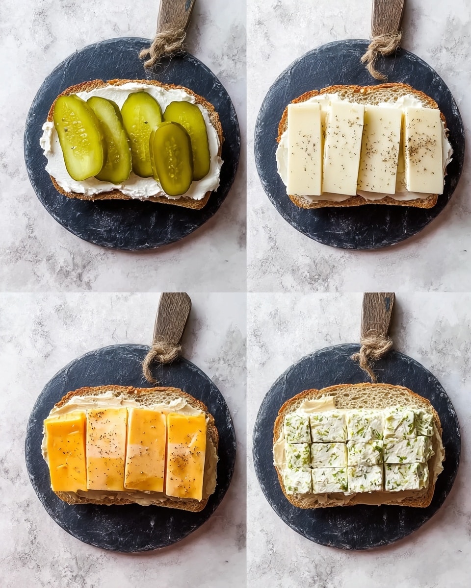 The image shows four stages of making a sandwich on a round dark blue serving board placed on a white marbled surface. The first layer is a slice of bread covered evenly with a white creamy spread, positioned in the center. The second layer adds several green pickle slices spread across the creamy layer on the bread. The third layer places two types of cheese: a base layer of bright orange cheese and a top layer of white cheese cubes sprinkled with black pepper. The final stage shows another slice of bread on top of the cheese layers, with a light green herb spread covering the entire surface, completing the sandwich. Photo taken with an iphone --ar 4:5 --v 7