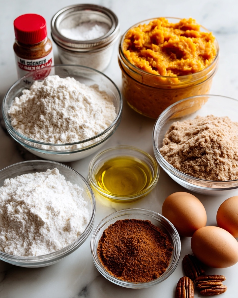 The image shows various baking ingredients arranged on a white marbled surface. At the back center is a glass jar filled with orange butternut squash baby food with a silver lid. In front of it, slightly to the left, is a clear glass bowl piled with white flour. To the right of that is another clear glass bowl filled with light brown sugar. Below these bowls, there is a small glass bowl with golden yellow oil on the right and a small clear glass bowl with finely ground brown cinnamon in the center. Next to the cinnamon bowl is a small white bowl with white baking powder. On the left side of the front row is a red-topped McCormick ground cinnamon spice bottle, and to the right of it, two brown eggs are side by side. At the bottom right corner, there are a few whole pecans. The background is plain white marbled. photo taken with an iphone --ar 4:5 --v 7