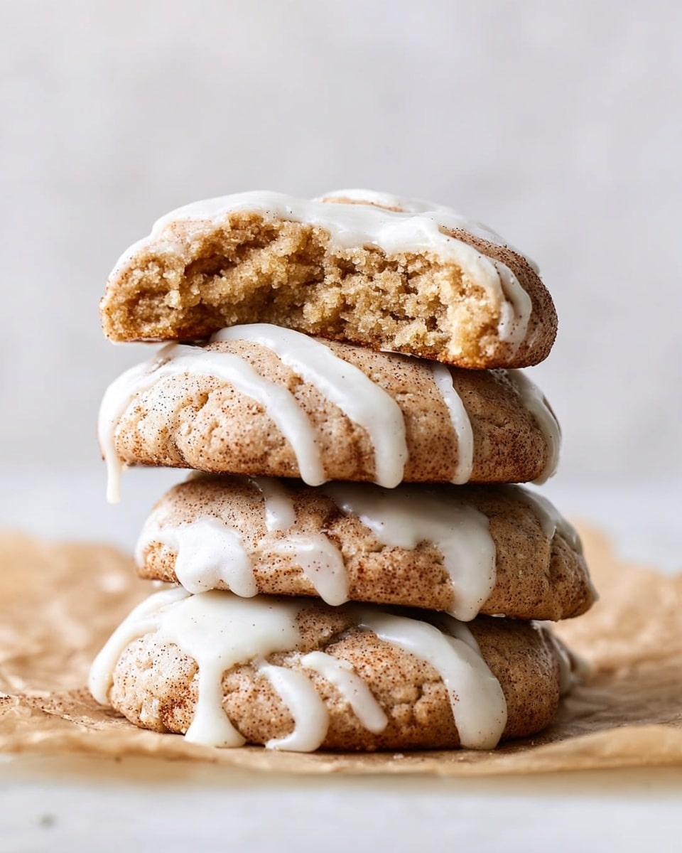 A stack of three round cookies with a light brown, slightly cracked surface showing cinnamon specks, each covered with a thick drizzle of white icing that drips down the sides. The top cookie is broken in half, exposing a soft, crumbly interior that is a pale tan color. The cookies sit directly on a piece of parchment paper on a white marbled surface, with a soft, neutral background. photo taken with an iphone --ar 4:5 --v 7