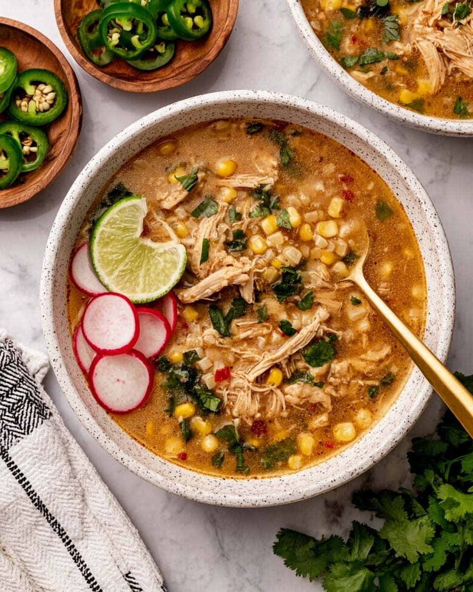 The image shows a white speckled bowl filled with soup, layered with shredded light brown chicken, small yellow corn kernels, and chopped green peppers in a light brown broth. On one side, three thin slices of red and white radish and a thin slice of lime are placed on top as garnish. A gold spoon sits inside the bowl, resting on the edge with some soup and a piece of chicken on it. The bowl is placed on a white marbled surface, surrounded by small wooden bowls holding sliced green jalapeños and more radish slices. A white cloth with black lines is partially visible on the left, and some fresh green cilantro leaves lie in the bottom right corner. Photo taken with an iphone --ar 4:5 --v 7