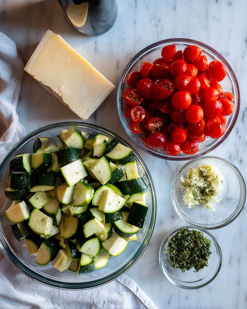 The image shows three clear glass bowls on a white marbled textured surface. The largest bowl is filled with chopped green zucchini pieces with a pale green inside and dark green skin, showing about two layers of vegetables. To the right, there is a medium bowl with whole and halved bright red cherry tomatoes piled in two layers. Below it, a small bowl holds a mix of fresh minced garlic and finely chopped green herbs, dried herbs, and salt in separate sections, forming multiple layers of texture and color. A wedge of firm, pale yellow cheese is held above the bowls by a woman's hand, angled towards the zucchini. Behind the bowls, a dark bottle is lying down. Photo taken with an iphone --ar 4:5 --v 7