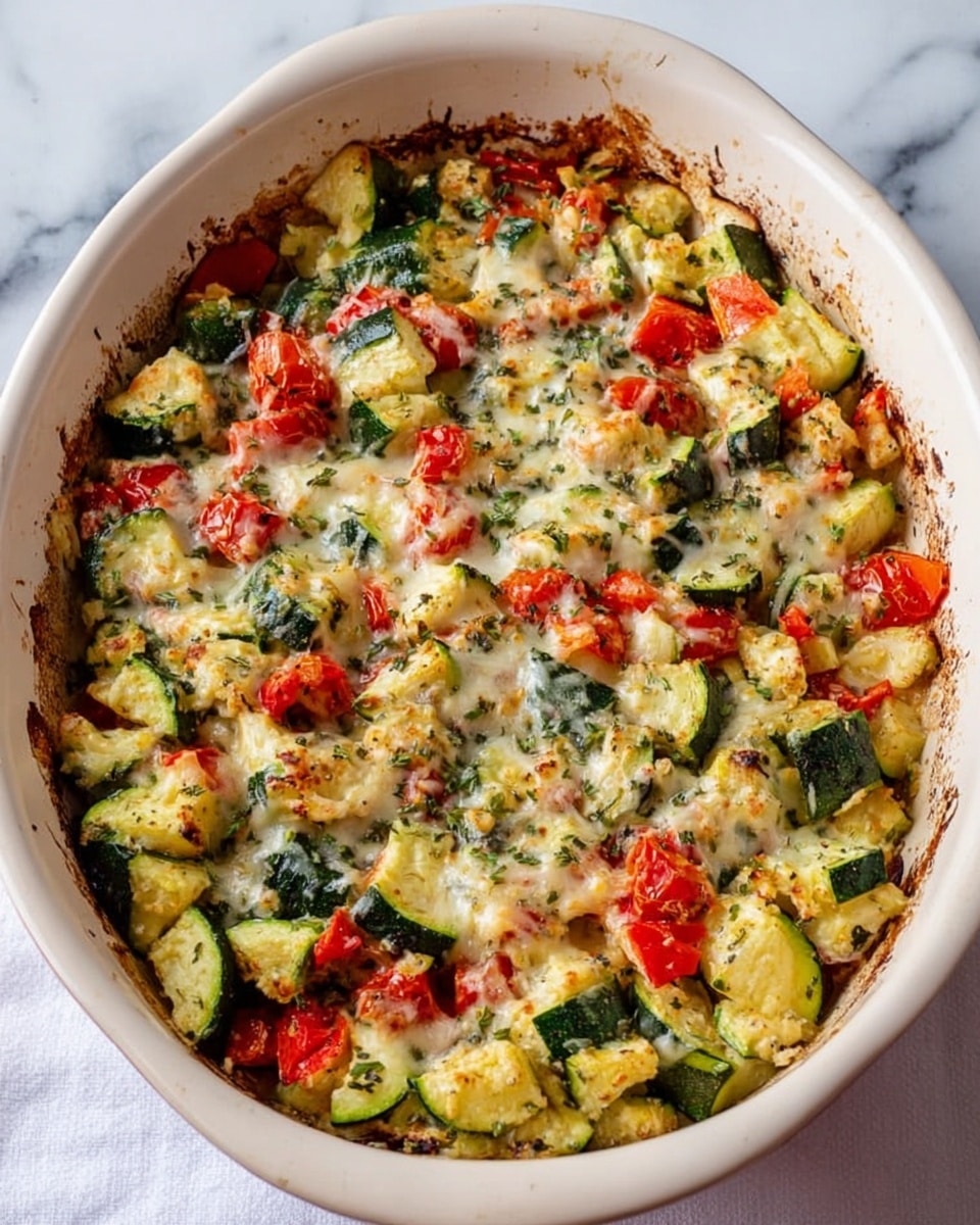 A white oval baking dish filled with a colorful vegetable casserole on a white marbled surface. The dish has three main visible layers: the base is chopped zucchini with bright green skin and light green flesh, mixed with red cherry tomatoes scattered through, and pieces of red bell pepper adding pops of color. On top, there is a layer of melted cheese that is light yellow and slightly browned in spots, with some herbs sprinkled evenly across the dish, giving it a speckled look. The edges of the dish show some baked cheese residue, adding to the cooked texture. Photo taken with an iphone --ar 4:5 --v 7