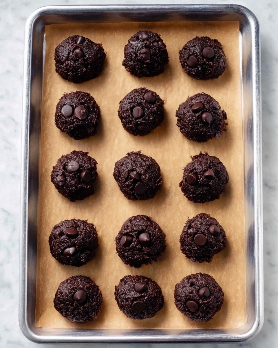 A metal baking tray lined with light brown parchment paper holds twelve dark chocolate cookie dough balls arranged in a neat 4 by 3 grid. Each dough ball is rough in texture and nearly round, colored deep dark brown with a cluster of shiny black chocolate chips pressed on the top layer. The tray sits on a white marbled surface. photo taken with an iphone --ar 4:5 --v 7