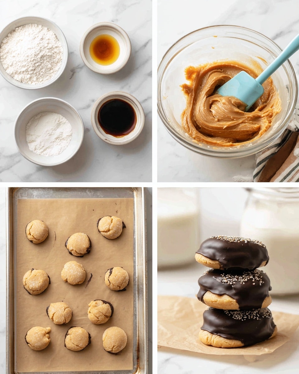 The collage shows four images of making chocolate-dipped peanut butter cookies. The first image has white bowls arranged on a white marbled surface: one bowl with white powder (flour), one with a dark brown liquid (likely syrup), one with a small amount of brown liquid (vanilla extract), one with a white liquid (milk), and one with a pale yellow liquid (oil). The second image shows a glass bowl with light brown peanut butter dough and a blue spatula mixing it; the bowl is on the same white marbled surface. The third image shows a baking tray lined with brown parchment paper on a white marbled surface, with eight round dough balls flattened slightly. The fourth image shows the finished cookies, two layers per stack, half dipped in dark chocolate with a rough texture and light sprinkles on top, and some plain light brown ones, all on a white background with a jar of white milk in the back photo taken with an iphone --ar 4:5 --v 7