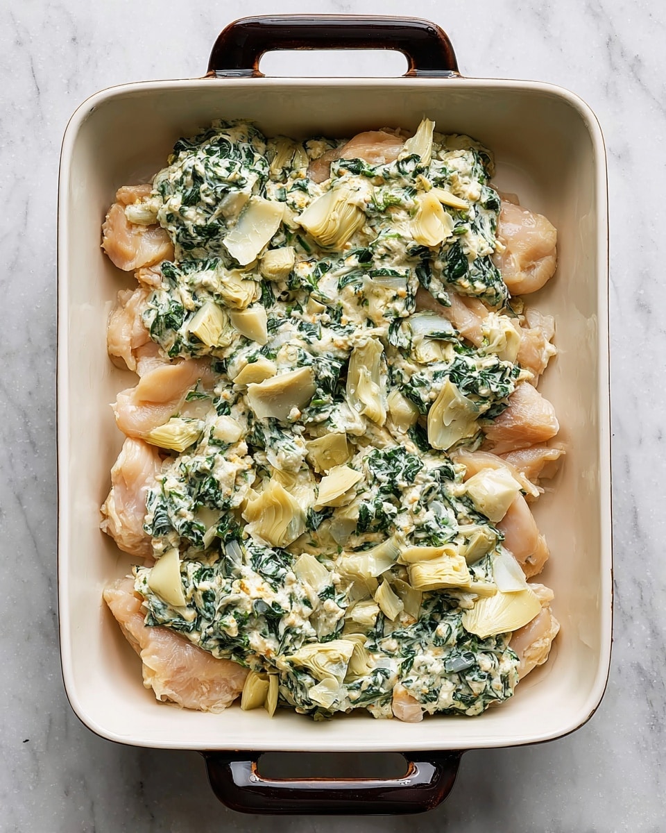 A white rectangular baking dish with dark handles holds a layer of thin raw chicken pieces spread evenly at the bottom. On top of the chicken is an uneven layer of a creamy white mixture with chopped green spinach and pieces of pale yellow artichoke hearts scattered throughout. The dish is placed on a white marbled surface. photo taken with an iphone --ar 4:5 --v 7