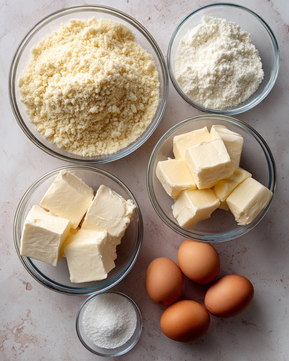 The image shows five ingredients arranged on a flat surface with a dark brown texture. At the top left, there is a clear glass bowl filled with a light beige, crumbly almond flour. Below it slightly to the right is a smaller clear bowl with four thick, white blocks of cream cheese. To the right of the cream cheese bowl, there is another clear bowl containing four square pieces of pale yellow butter. Underneath the almond flour and cream cheese, there are three brown eggs placed close together. At the bottom center, a very small clear bowl holds white baking powder and salt, visible as fine powders. The background is changed to a white marbled texture, and all bowls are clear glass on it. Photo taken with an iphone --ar 4:5 --v 7
