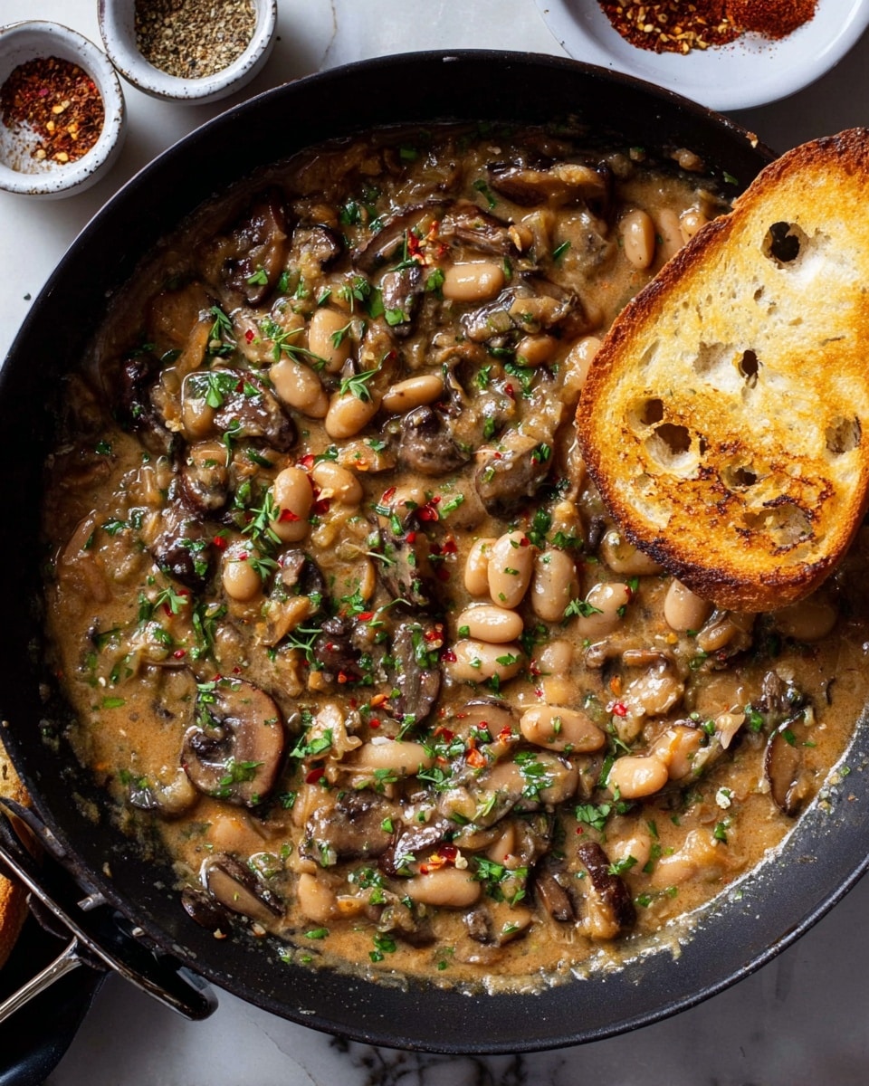 A close-up top view of a black pan filled with a creamy mushroom and bean stew in warm brown tones with visible whole beige beans and sliced brown mushrooms mixed in a creamy sauce, fresh green herbs sprinkled on top, and red chili flakes adding small red accents; a piece of toasted golden brown bread rests on the right edge of the pan partially dipped in the stew; the pan sits on a dark table with small white bowls containing spices nearby, all on a white marbled surface; photo taken with an iphone --ar 4:5 --v 7