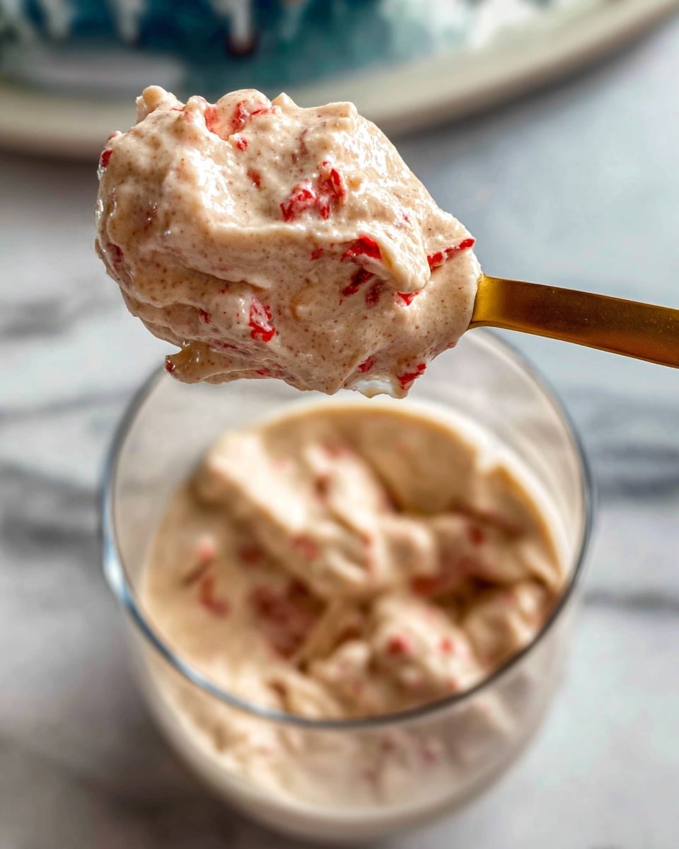The image shows a close-up of a spoonful of creamy, light brown dessert with small red pieces mixed in, held above a clear glass filled with the same dessert. The dessert has a smooth, thick texture with visible red bits scattered throughout. The glass sits on a white marbled surface with blurred background elements. The spoon is gold-colored, and a woman's hand holds it from the right side. The focus is on the spoonful while the glass below is slightly blurred. photo taken with an iphone --ar 4:5 --v 7