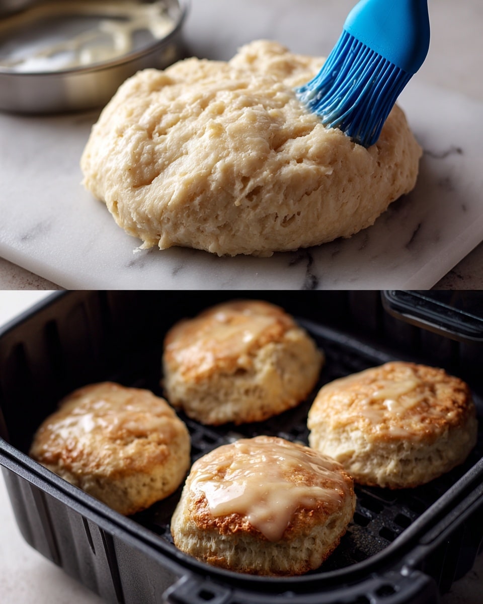 The image shows two stages of making dough biscuits. On the left side, there is a round piece of dough with a rough, pale beige texture lying on a white marbled surface; a round metal biscuit cutter presses down into the dough. On the right side, three raw dough biscuits stand upright inside a black air fryer basket with a grid pattern on the bottom; a woman's hand holds a blue silicone brush applying a liquid glaze on the top surface of one biscuit, which looks smooth and slightly shiny. The dough is light beige, thick, and soft in texture. Photo taken with an iphone --ar 4:5 --v 7