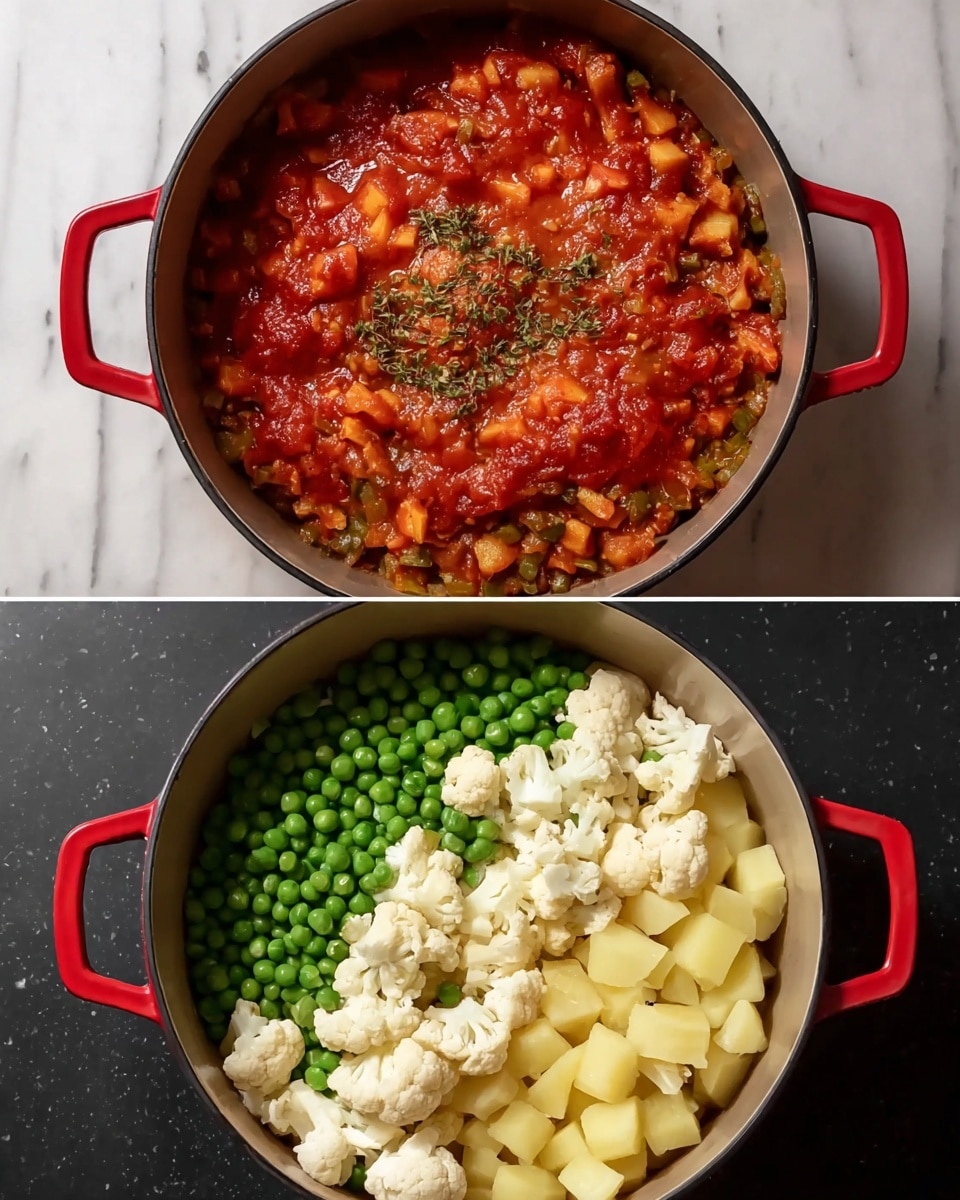 The top image shows a black pot with two red handles filled with a reddish tomato sauce layer on top, surrounded by cooked small diced vegetables in brown tones at the bottom layer. The bottom image shows the same pot with a base of the same tomato sauce covered by three separate layers of fresh vegetables: bright green peas on the left, white cauliflower florets in the middle, and pale yellow diced potatoes on the right. The pot sits on a white marbled surface. photo taken with an iphone --ar 4:5 --v 7