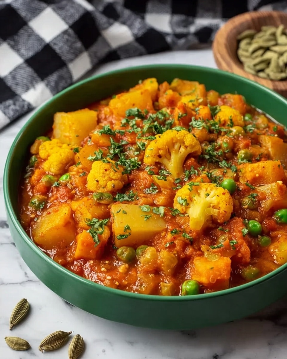 A green bowl filled with a colorful vegetable stew, showing about three layers: the base layer is a rich orange-red sauce with visible small bits of spices and herbs; the middle layer has bright yellow potato chunks and golden cauliflower florets, all mixed with green peas scattered throughout; the top layer is sprinkled with fresh chopped green herbs adding a touch of brightness. The bowl sits on a white marbled surface with cardamom pods on the side and a black and white checkered cloth in the background. Photo taken with an iphone --ar 4:5 --v 7