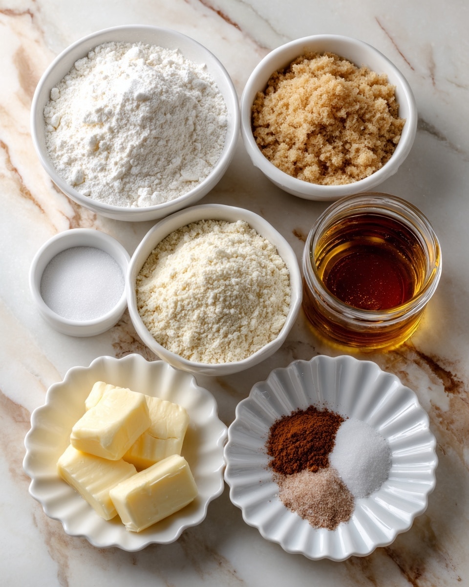 Seven white bowls and one glass jar are arranged on a white marbled surface with light brown streaks. Starting from the top left, a white bowl is filled with white fluffy gluten-free 1:1 flour. To its right, a smaller white bowl holds fine white sugar. Below these, in the center, a white bowl contains almond flour, which has a slightly beige, powdery texture. To the left, a white bowl is filled with light brown sugar, coarse and crumbly. On the far right, there is a round glass jar filled with golden honey that looks thick and glossy. Below, a decorative white bowl with scalloped edges sits with white baking soda, light brown cinnamon powder, and salt together inside. At the bottom left, a round white plate holds four pieces of pale yellow softened butter. The overall scene is clean, bright, and organized. Photo taken with an iphone --ar 4:5 --v 7