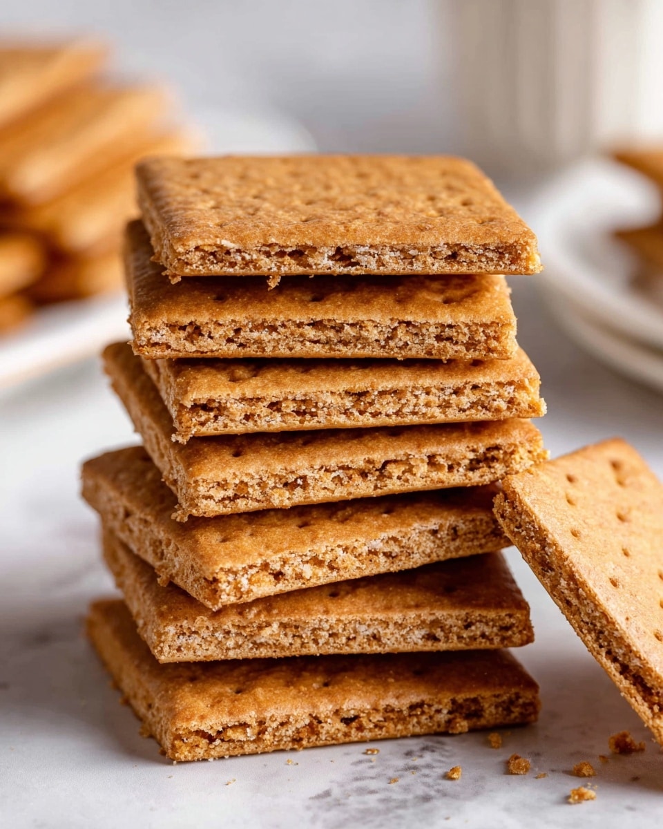 A stack of six rectangular graham crackers is shown close up, arranged neatly one on top of the other. Each cracker is golden brown with a slightly rough texture and small indentations on the surface. The top cracker has visible air holes and a crumbly edge. To the right, a narrow piece of cracker is leaning against the stack. The stack is placed on a white marbled surface with a soft-focus background and a white plate with more crackers blurred in the distance. Photo taken with an iphone --ar 4:5 --v 7