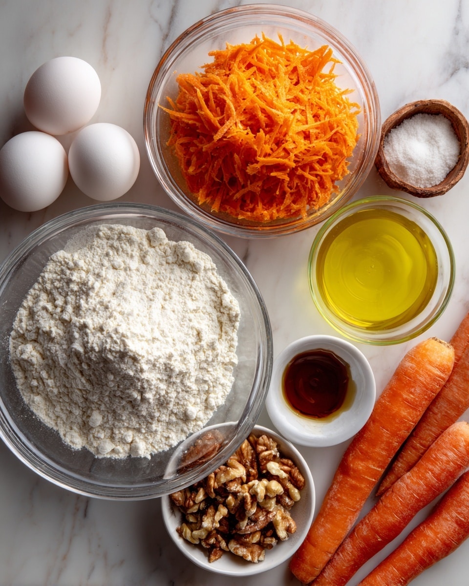 The image shows an overhead view of several clear glass bowls on a white marbled surface. The largest bowl holds white flour and granulated sugar mixed together, next to it is a smaller bowl filled with shredded orange carrots. To the right, there is a bowl half-full of light yellow oil, and nearby are three white eggs still in their shells. A small dish has white powder, brown powder, and a tiny amount of a dark liquid. Another small bowl contains chopped nuts, placed near three whole fresh carrots. The scene is bright and clean, showing all the ingredients clearly in separate bowls, ready for mixing, photo taken with an iphone --ar 4:5 --v 7