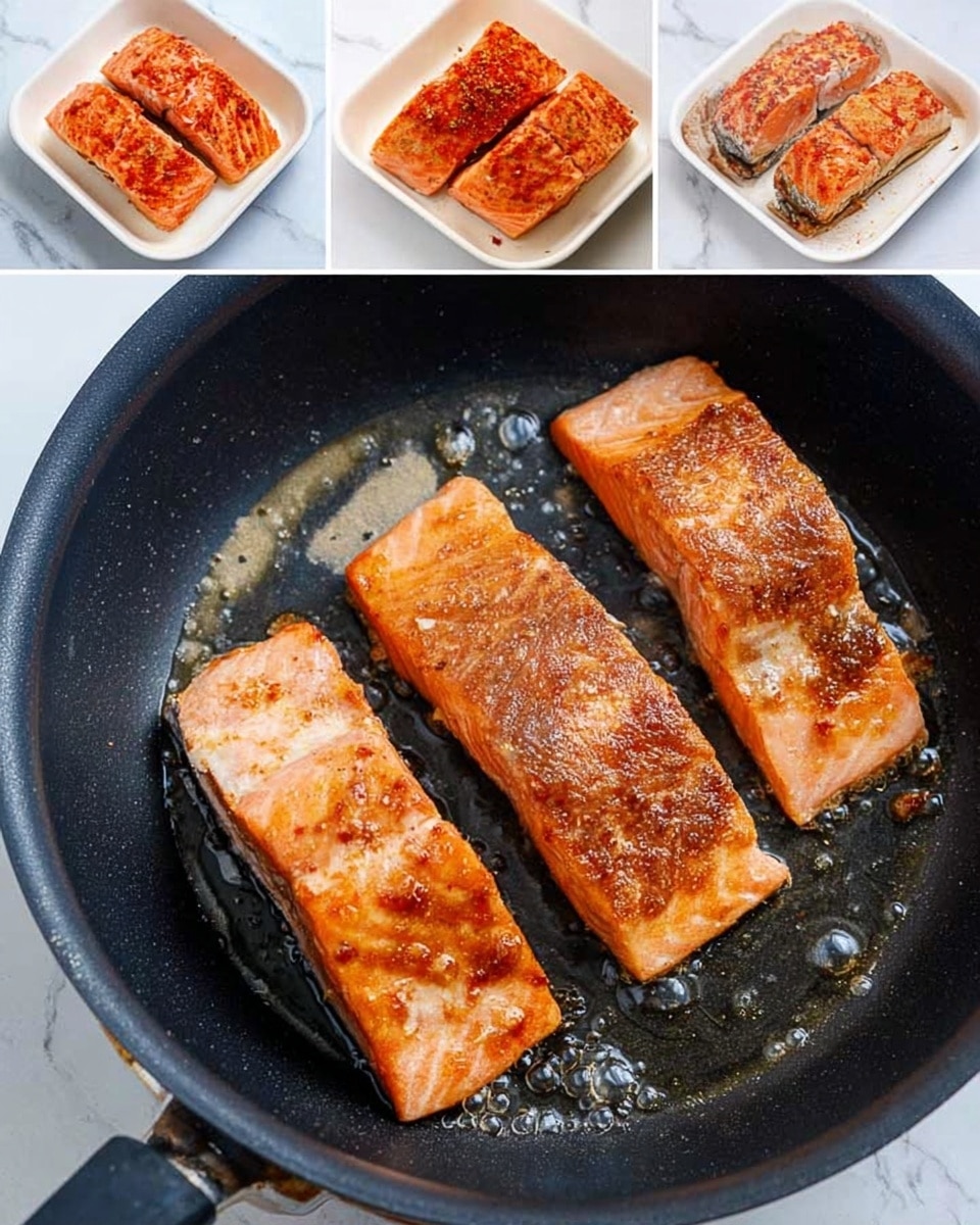 The image shows four thick salmon fillets in a black frying pan on a white marbled surface. The fillets are cooked, with a golden-brown crust on top, showing some crispy texture and slight flakiness. There are small oil bubbles around the edges of the fillets in the pan. Above the main image are two smaller pictures: the first shows raw salmon pieces arranged in a white tray on the white marbled surface, coated with red seasoning on top; the second image shows the salmon pieces partially cooked in the black pan with the seasoning visible and the skin side down. photo taken with an iphone --ar 4:5 --v 7
