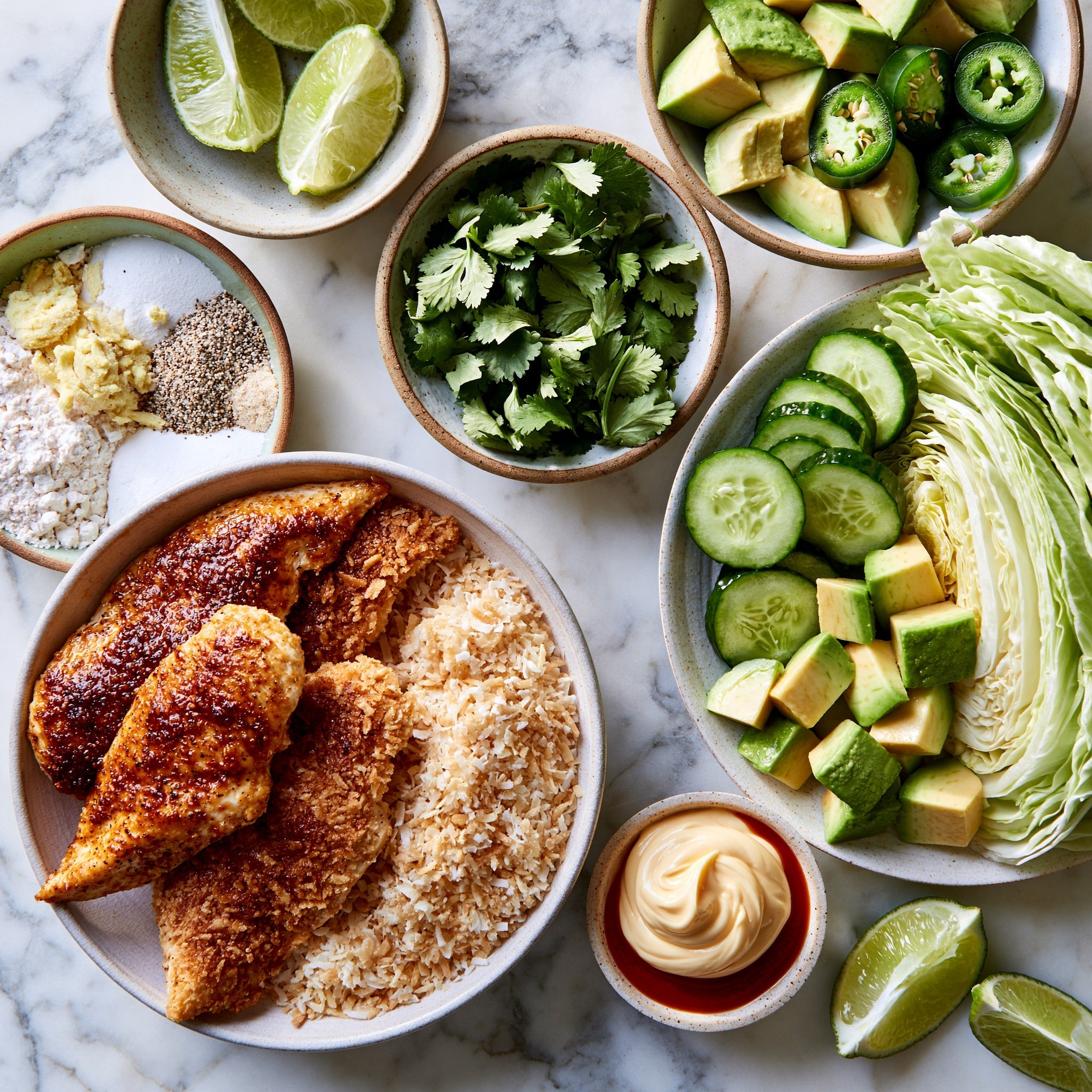 The image shows a white round plate with five pieces of golden brown crispy fried chicken arranged along the right side and bottom of the plate, the coating textured with small crunchy flakes and garnished with small green herbs. One piece is sliced open, revealing the tender white meat inside. On the left side of the plate, there is a pile of creamy coleslaw made of thin shredded cabbage with purple, white, and light green colors mixed with a smooth white dressing. The plate is placed on a white marbled surface. Photo taken with an iphone --ar 4:5 --v 7