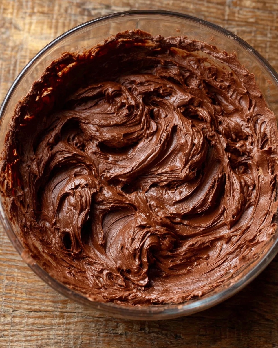 A clear glass bowl filled with thick, creamy chocolate mixture with smooth, rich swirls all around, showing the texture of well-mixed chocolate spread. The bowl is placed on a wooden surface. The chocolate has a deep brown color and a shiny look, with thick layers swirling upwards inside the bowl. photo taken with an iphone --ar 4:5 --v 7