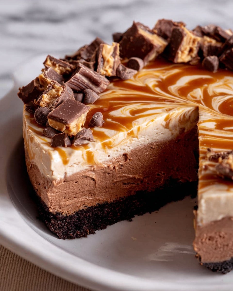 This dessert has three clear layers in a white dish. The bottom layer is a dark brown, crumbly crust. The middle layer is thick and smooth chocolate mousse, darker brown in color. On top, there is a creamy light beige layer with swirls of caramel sauce creating a marbled pattern. The edge of the dessert is decorated with small dark chocolate chips and lots of chopped peanut butter cups. The surface under the dish is a white marbled texture. Photo taken with an iphone --ar 4:5 --v 7