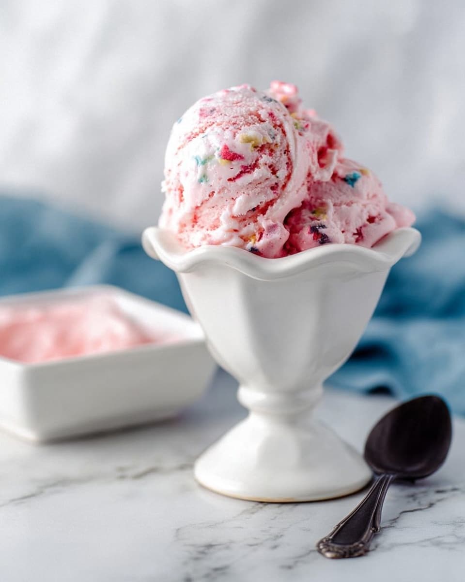 A scoop of creamy light pink ice cream with visible colorful candy pieces mixed inside, resting on a metal ice cream scooper handle, placed on a light blue wooden surface. Behind it, there is a white speckled rectangular dish filled with the same pink ice cream, slightly blurred, with a black spoon handle sticking out. The background has a soft white marbled texture. Photo taken with an iphone --ar 4:5 --v 7